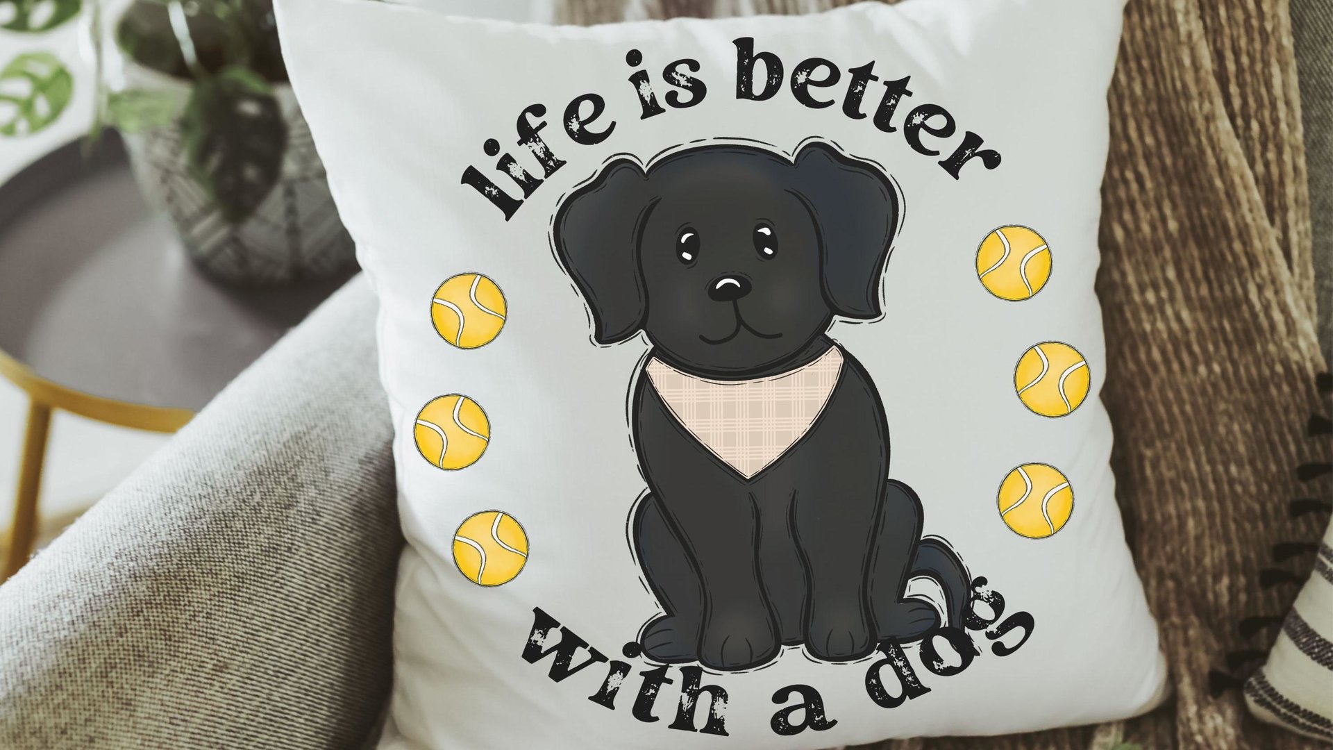 life is better with a dog throw pillows for sofa, black lab gifts, dog lover gift for women, black labrador decor, cute dog gifts for owners
