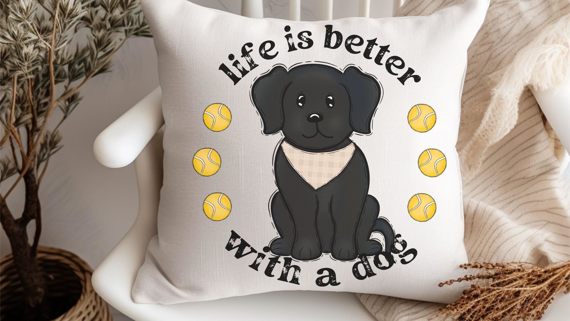 life is better with a dog throw pillows for sofa, black lab gifts, dog lover gift for women, black labrador decor, cute dog gifts for owners