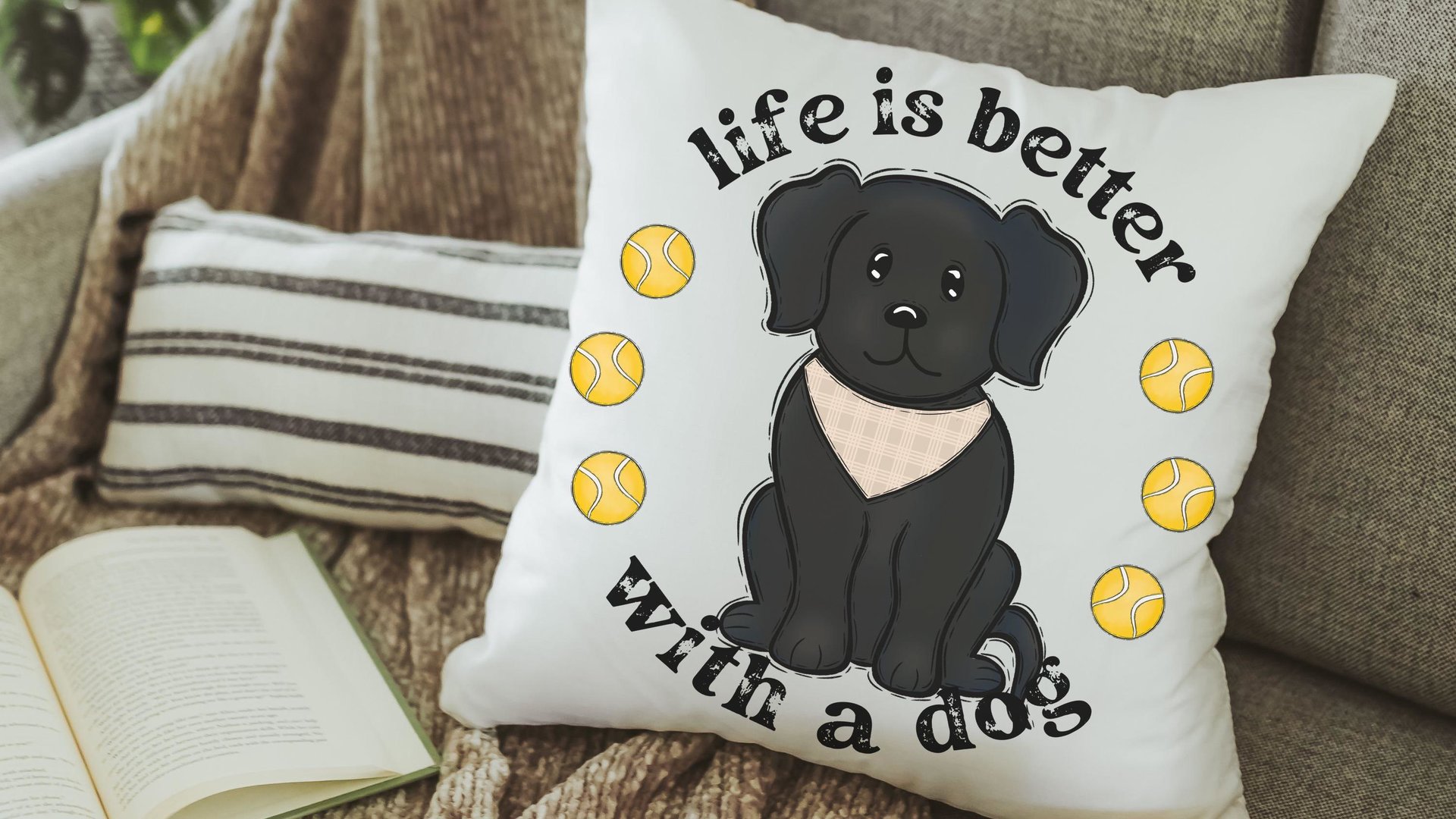 life is better with a dog throw pillows for sofa, black lab gifts, dog lover gift for women, black labrador decor, cute dog gifts for owners