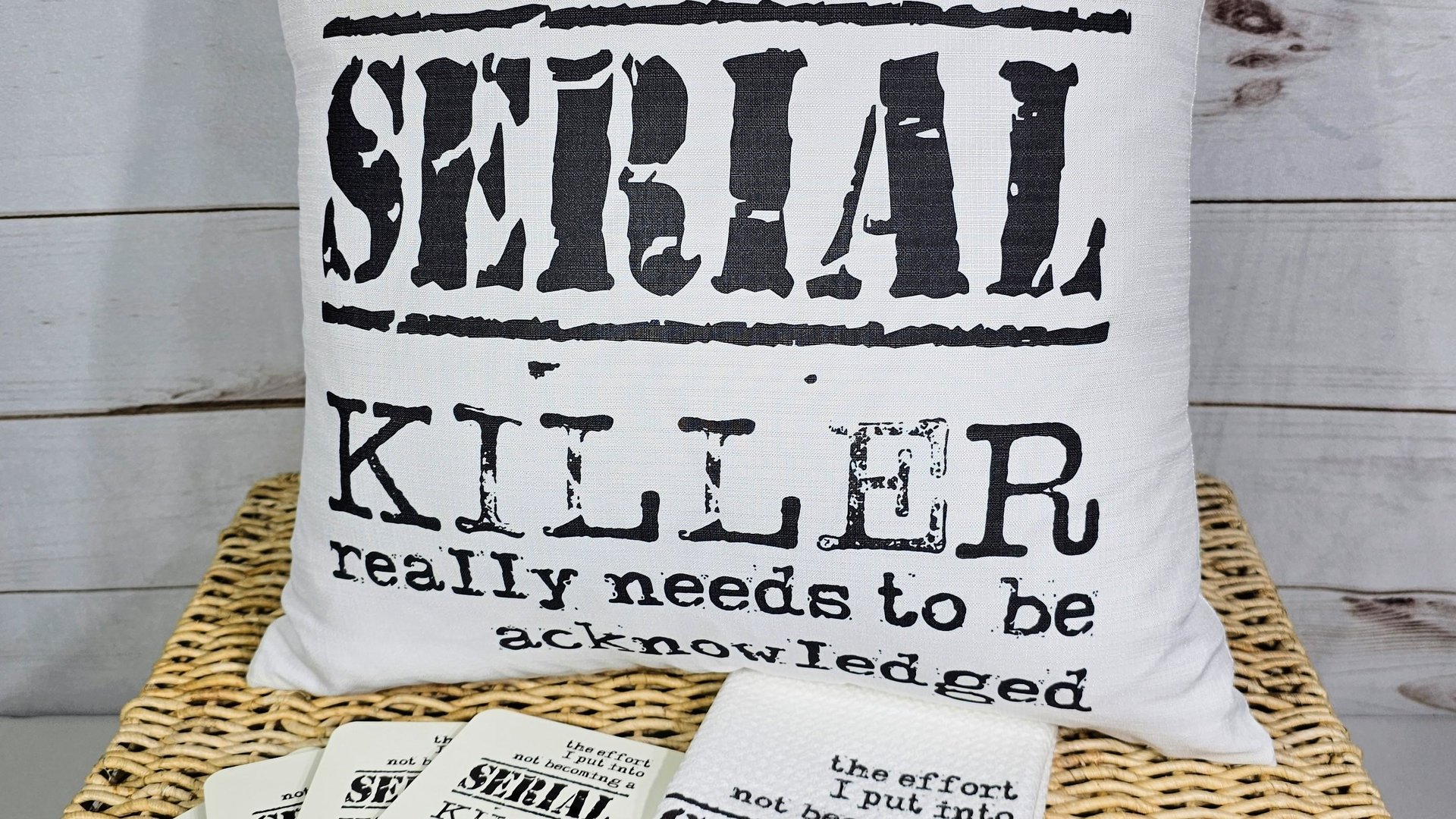 detective book reading nook pillow, dark humor gift set for best friend, serial killers and chill true crime gifts for women, funny coasters