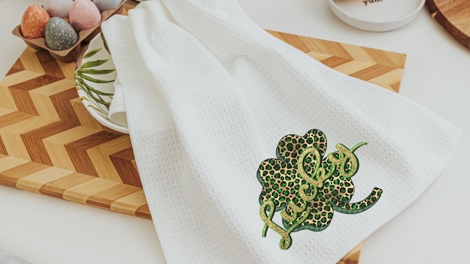 leopard print shamrock kitchen towels handmade, lucky clover St Patricks day hand towels for bathroom, Irish gifts for women, St Pattys day