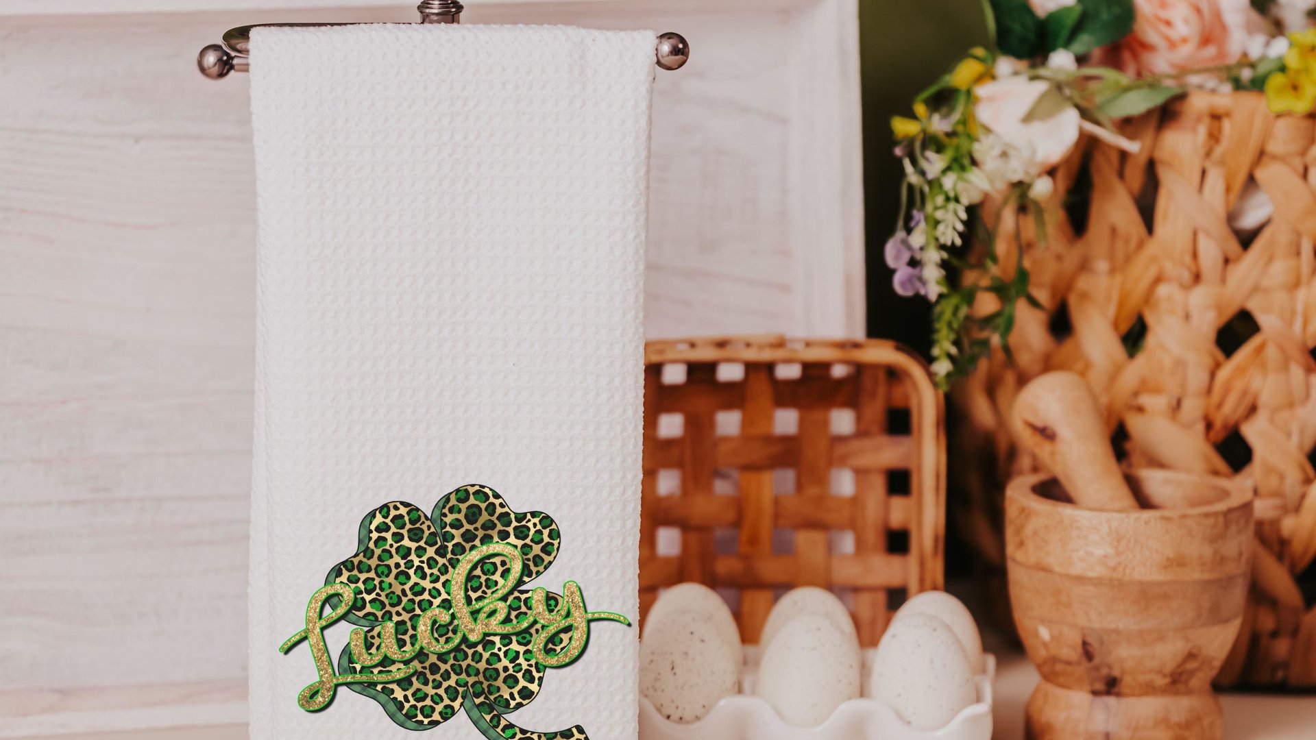 leopard print shamrock kitchen towels handmade, lucky clover St Patricks day hand towels for bathroom, Irish gifts for women, St Pattys day