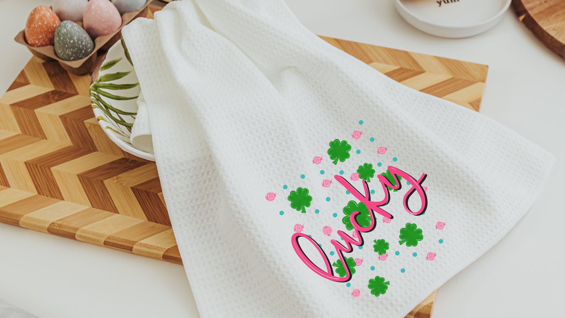 hot pink lucky vibes St Patricks day throw pillows for couch, green shamrock St Pattys day kitchen towels for gifts, Irish gifts for friends