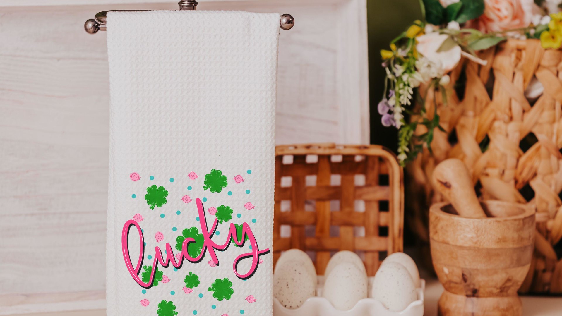 hot pink lucky vibes St Patricks day throw pillows for couch, green shamrock St Pattys day kitchen towels for gifts, Irish gifts for friends