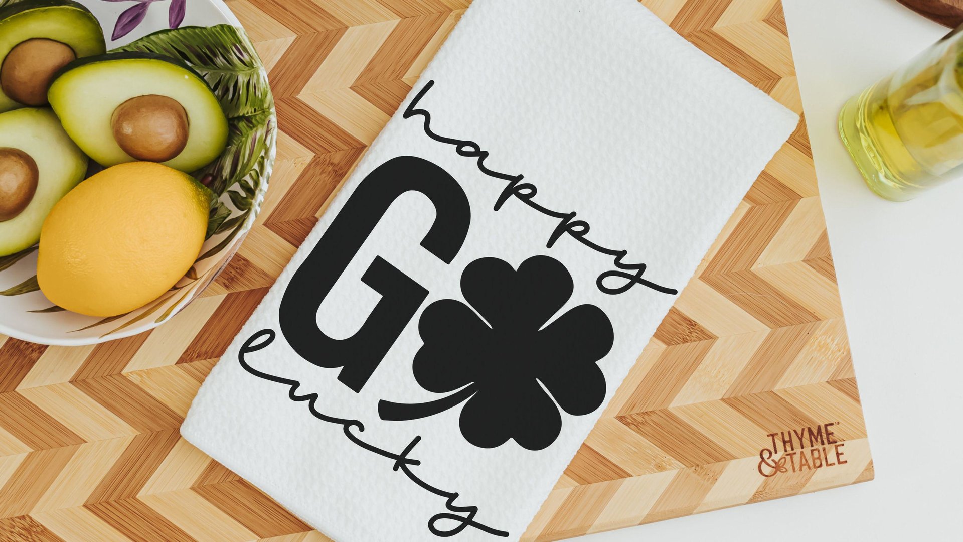 happy go lucky St Patricks day hand towel for powder room, black shamrock St Pattys day kitchen towels, Irish gifts for friends, best gifts