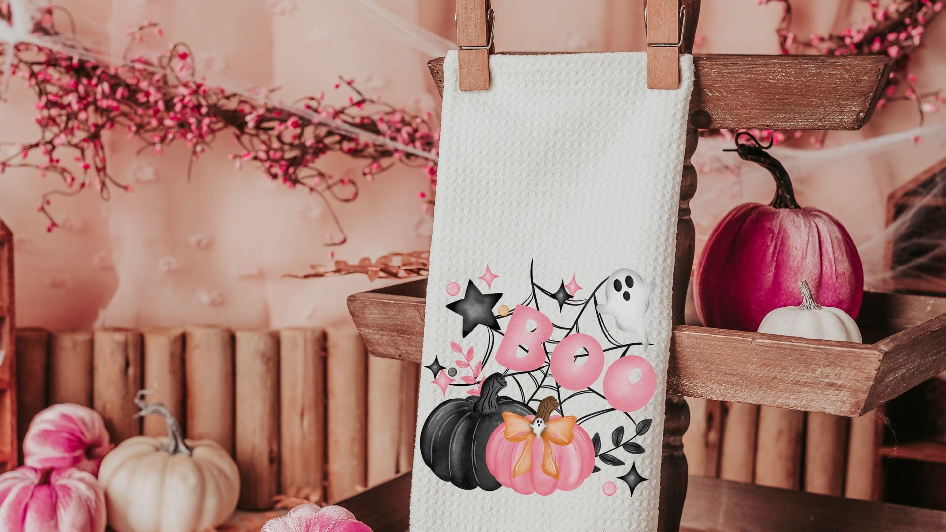 girly goth coquette Halloween throw pillow covers 18 x 18, pink pumpkin kitchen towels, boo basket stuffers for adults, cute Halloween decor