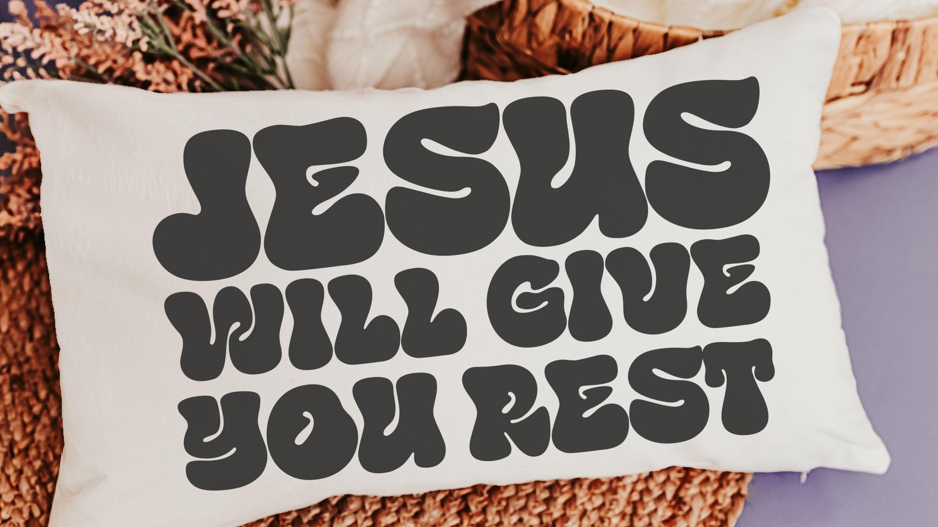 jesus will give you rest Bible verse throw pillow for bed, inspirational Christian gifts for sister, cute Christian encouragement gift for