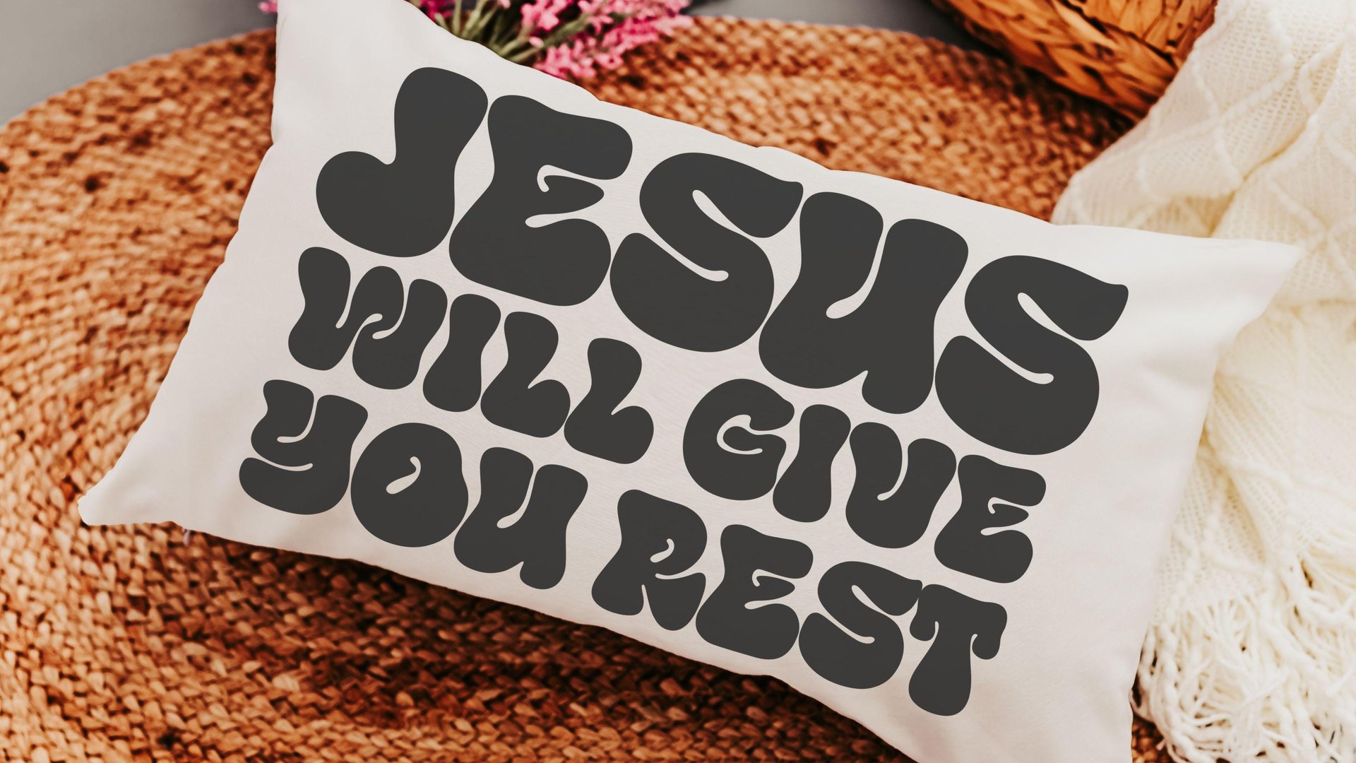 jesus will give you rest Bible verse throw pillow for bed, inspirational Christian gifts for sister, cute Christian encouragement gift for