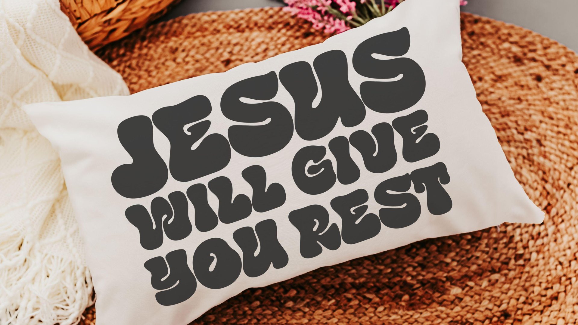 jesus will give you rest Bible verse throw pillow for bed, inspirational Christian gifts for sister, cute Christian encouragement gift for
