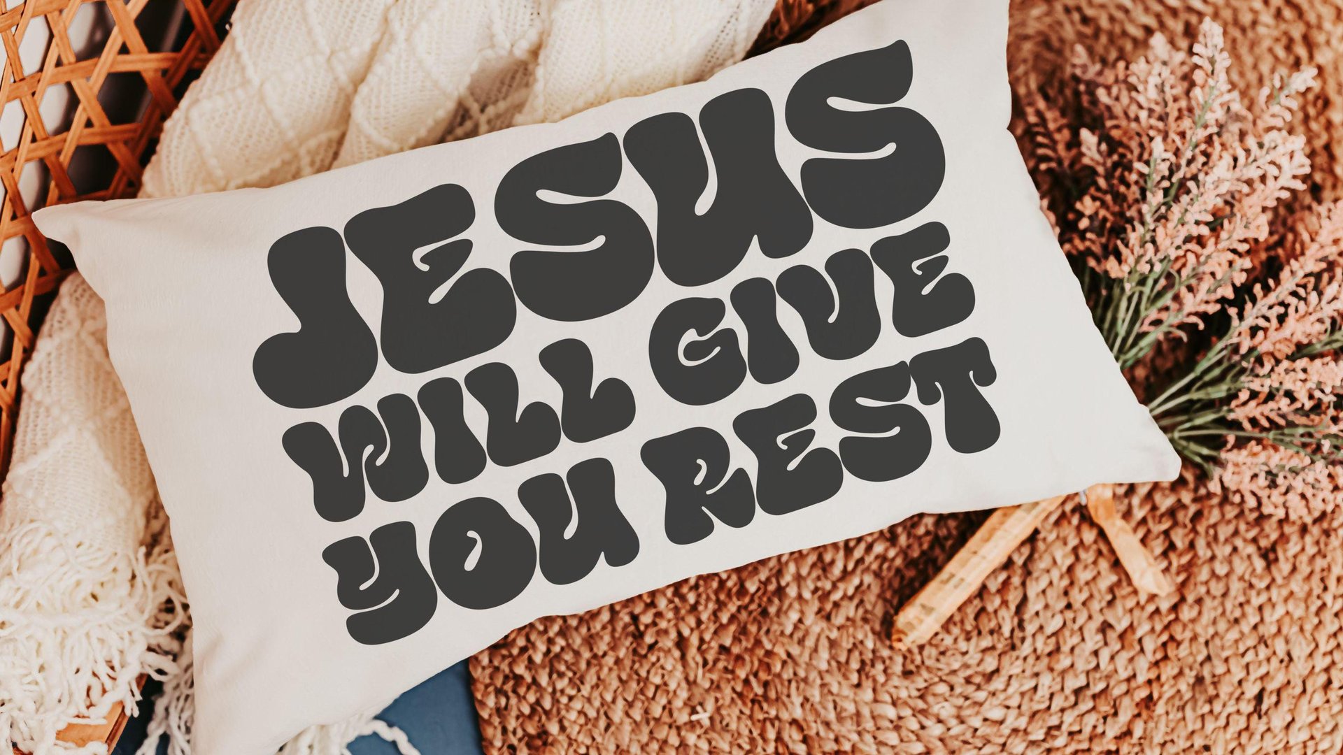 jesus will give you rest Bible verse throw pillow for bed, inspirational Christian gifts for sister, cute Christian encouragement gift for