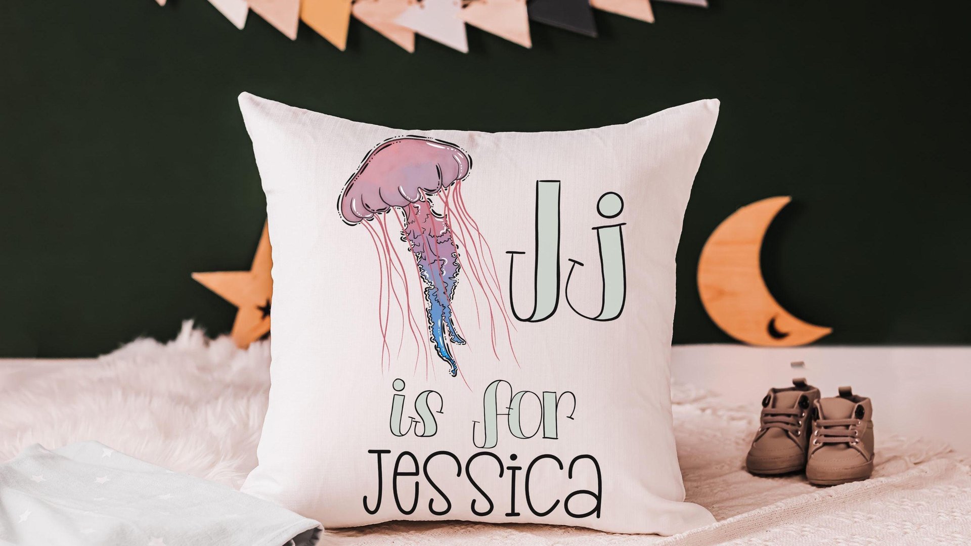 personalized j is for jellyfish nursery throw pillow with name, ocean nursery theme nautical nursery decor, beach birthday gifts for baby