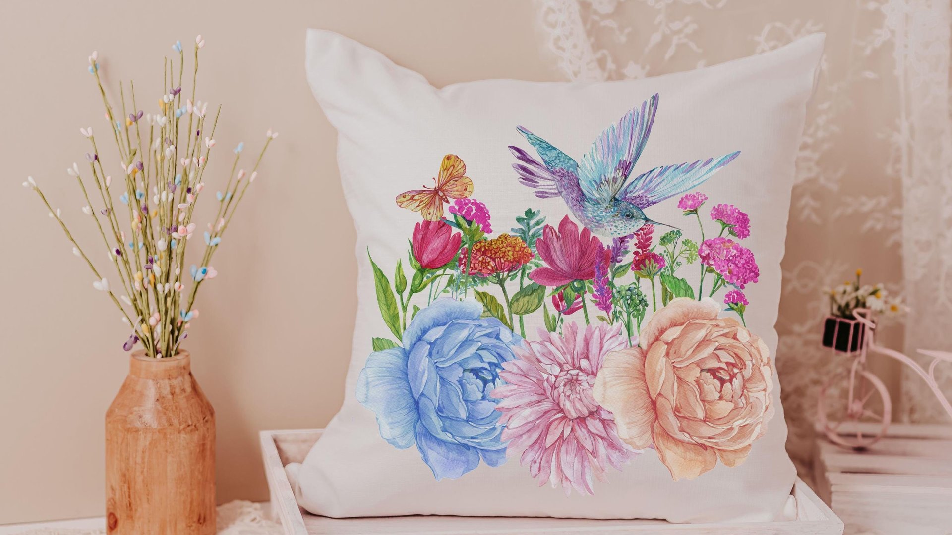 hummingbird throw pillow for Spring decor for home, hummingbird gifts for mom, trendy Mothers day gifts for step mom, wildflower throw