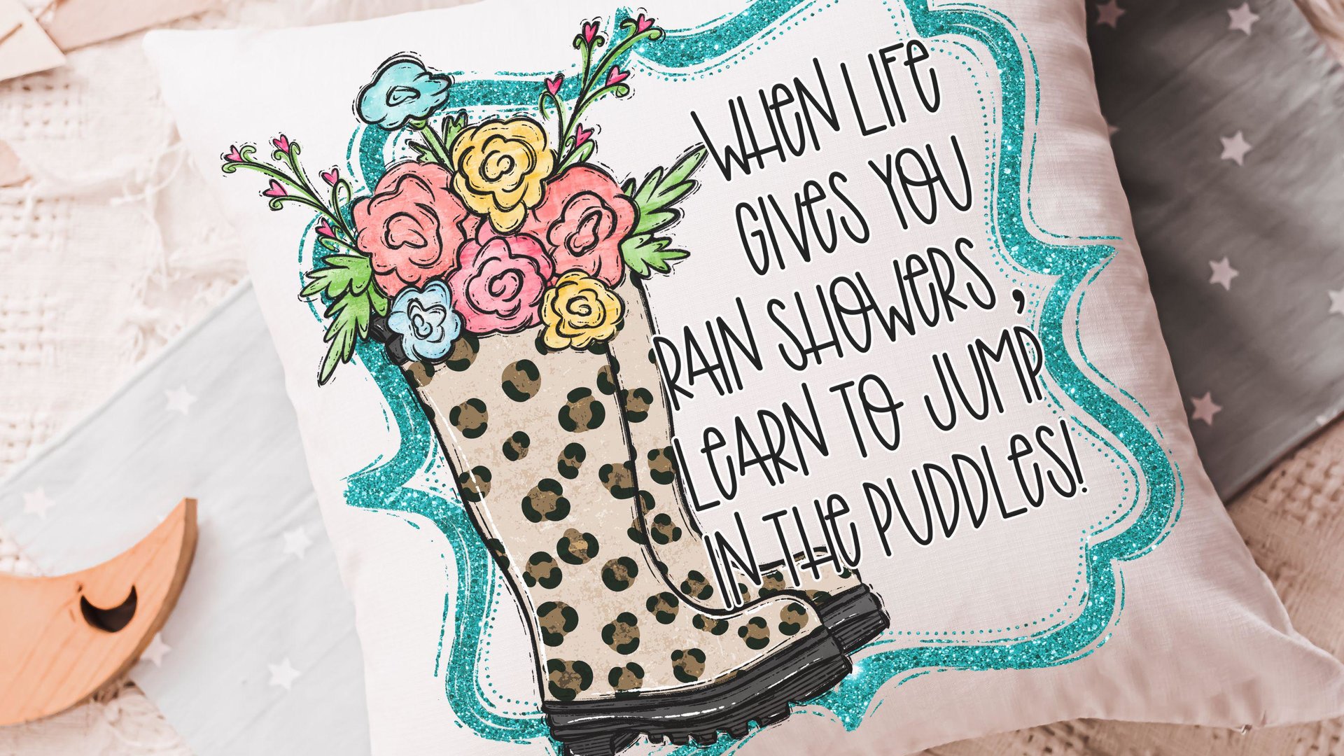 learn to jump in the puddles Spring throw pillows for couch, inspirational pillow to my daughter, whimsical kids reading nook decor, trendy