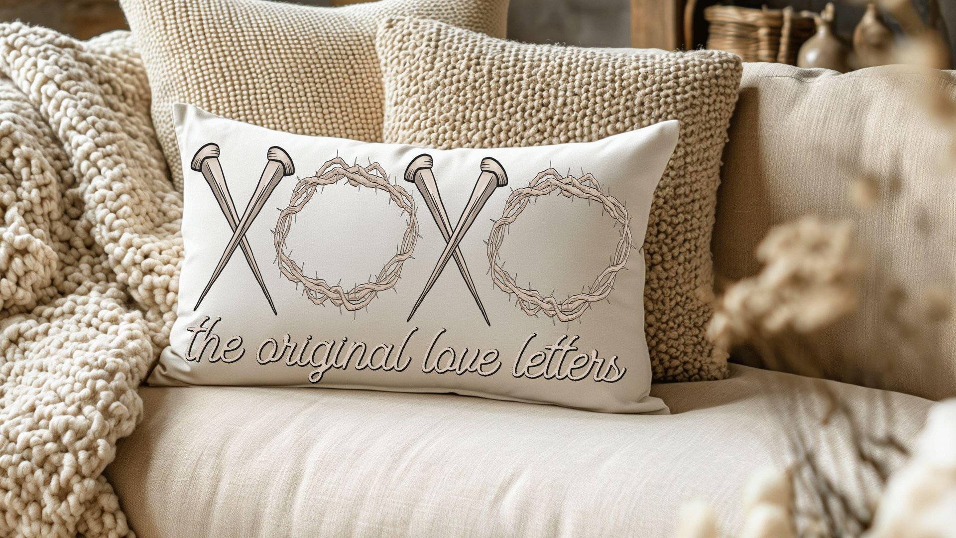 xoxo the original love letters Christian throw pillows for bed, religious lumbar pillow cover 12 x 20, crown of thorns and nails, faith gift
