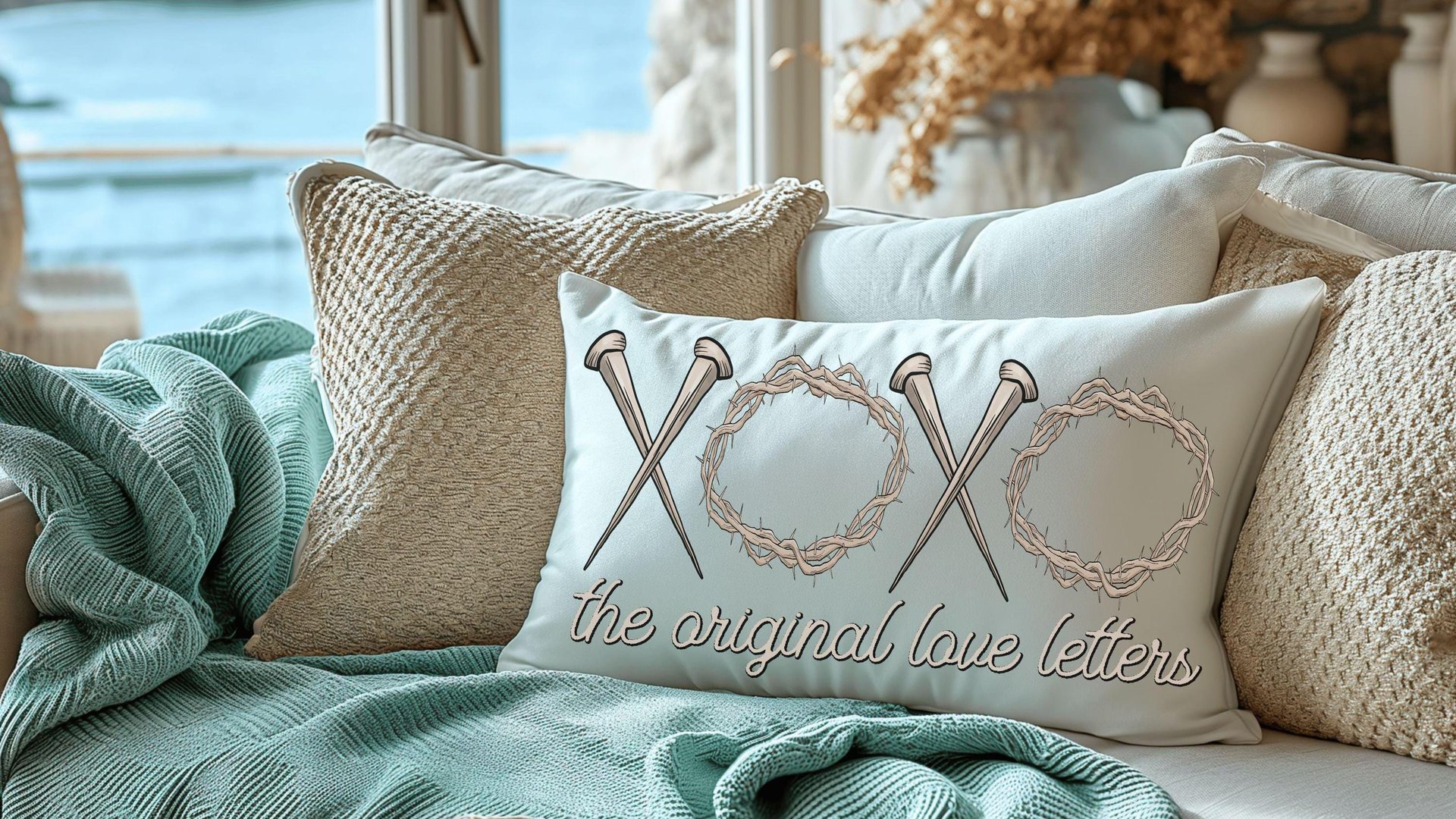 xoxo the original love letters Christian throw pillows for bed, religious lumbar pillow cover 12 x 20, crown of thorns and nails, faith gift