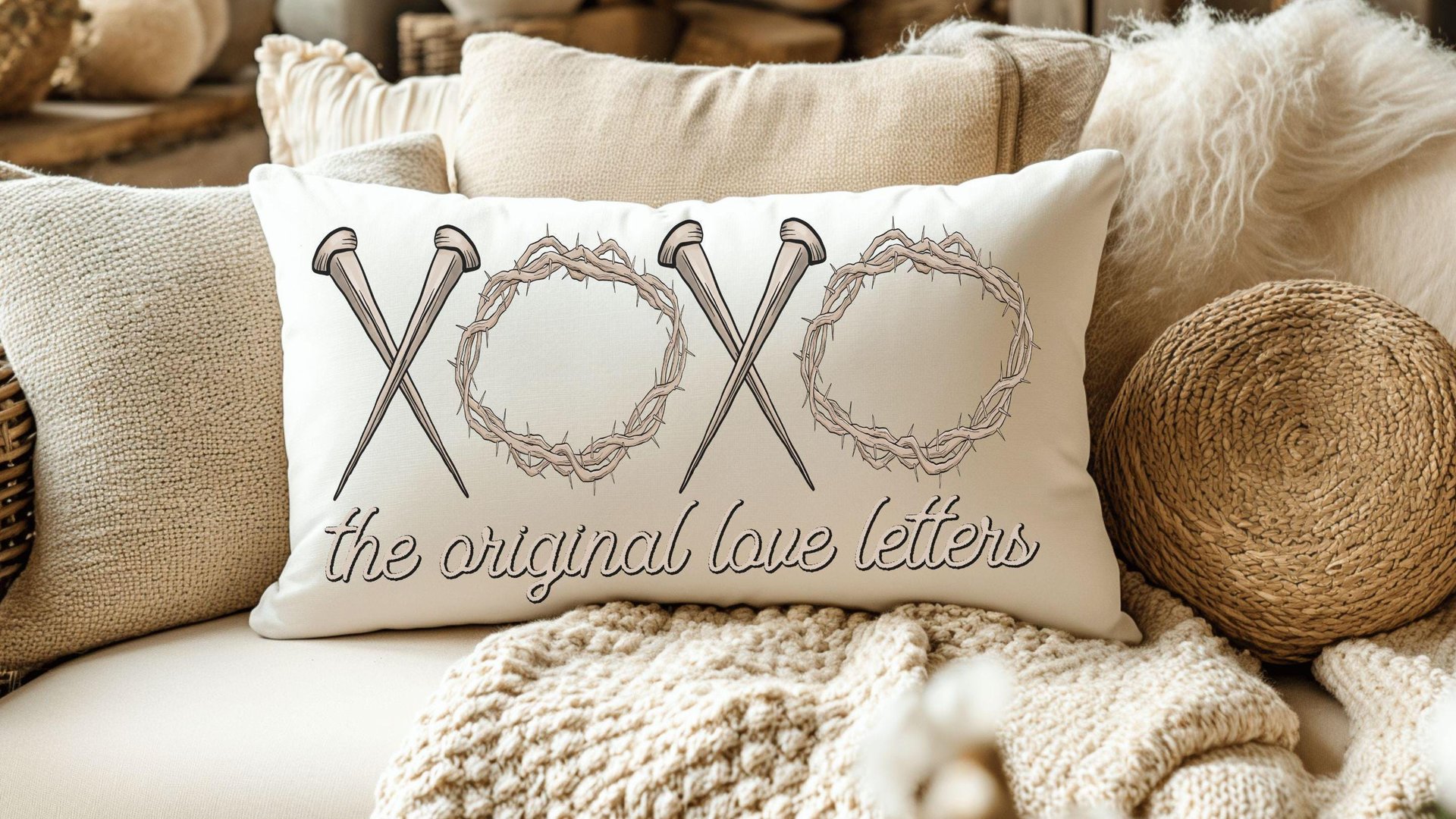 xoxo the original love letters Christian throw pillows for bed, religious lumbar pillow cover 12 x 20, crown of thorns and nails, faith gift