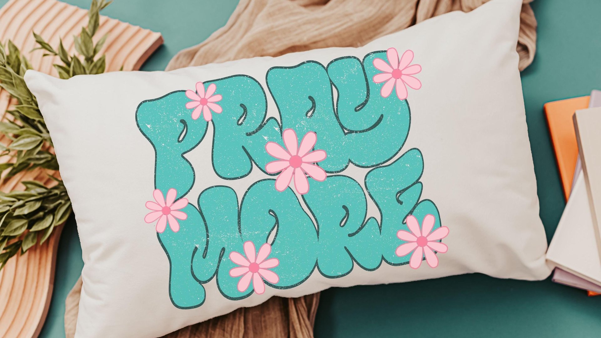 pray more turquoise Christian throw pillow for bed, godmother gift, bubble gum pink flower lumbar pillow cover 12x20, faith gifts for Mom