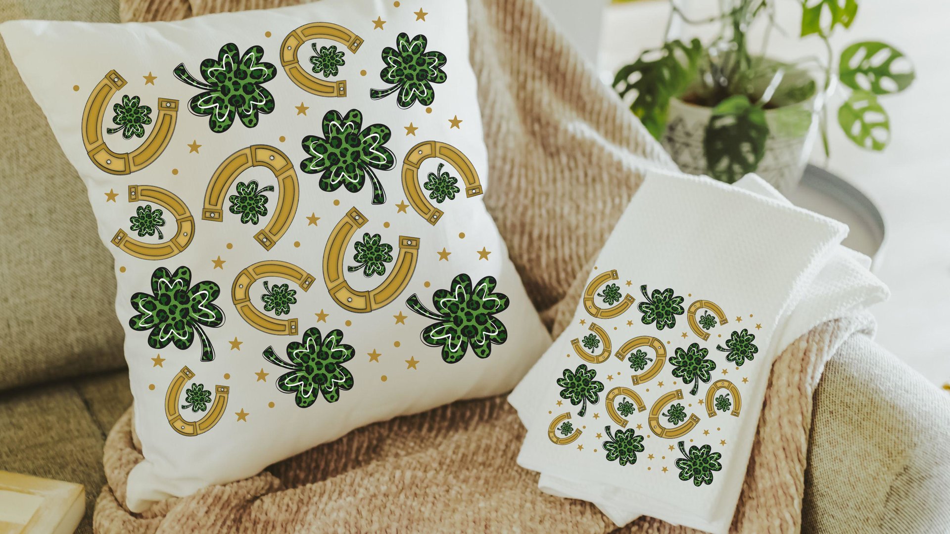 lucky charm gold horseshoe St Patricks day throw pillows for day bed, leopard print green shamrock St Pattys day decorative pillows for sofa