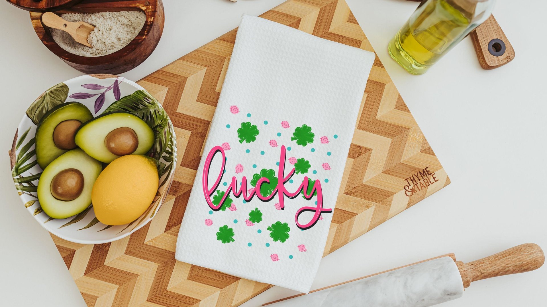 hot pink lucky vibes St Patricks day throw pillows for couch, green shamrock St Pattys day kitchen towels for gifts, Irish gifts for friends