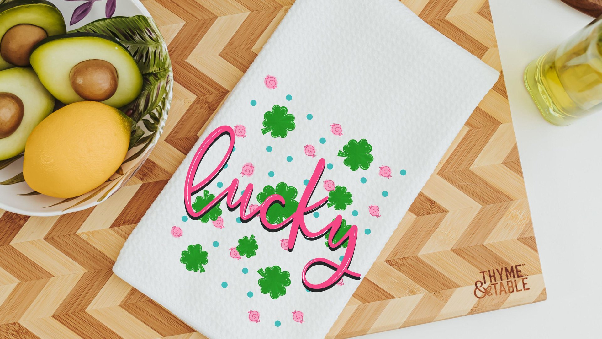 hot pink lucky vibes St Patricks day throw pillows for couch, green shamrock St Pattys day kitchen towels for gifts, Irish gifts for friends