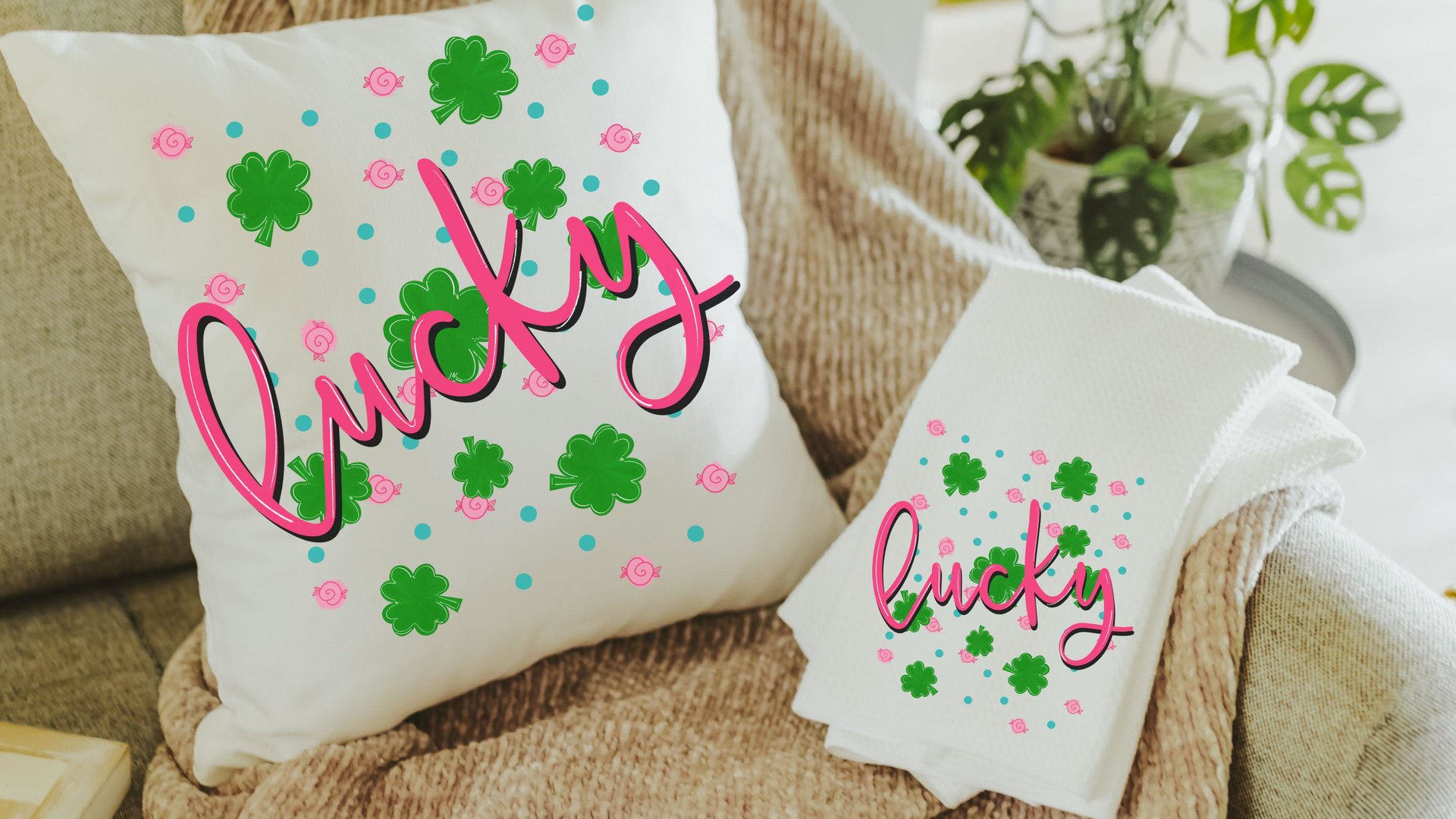 hot pink lucky vibes St Patricks day throw pillows for couch, green shamrock St Pattys day kitchen towels for gifts, Irish gifts for friends