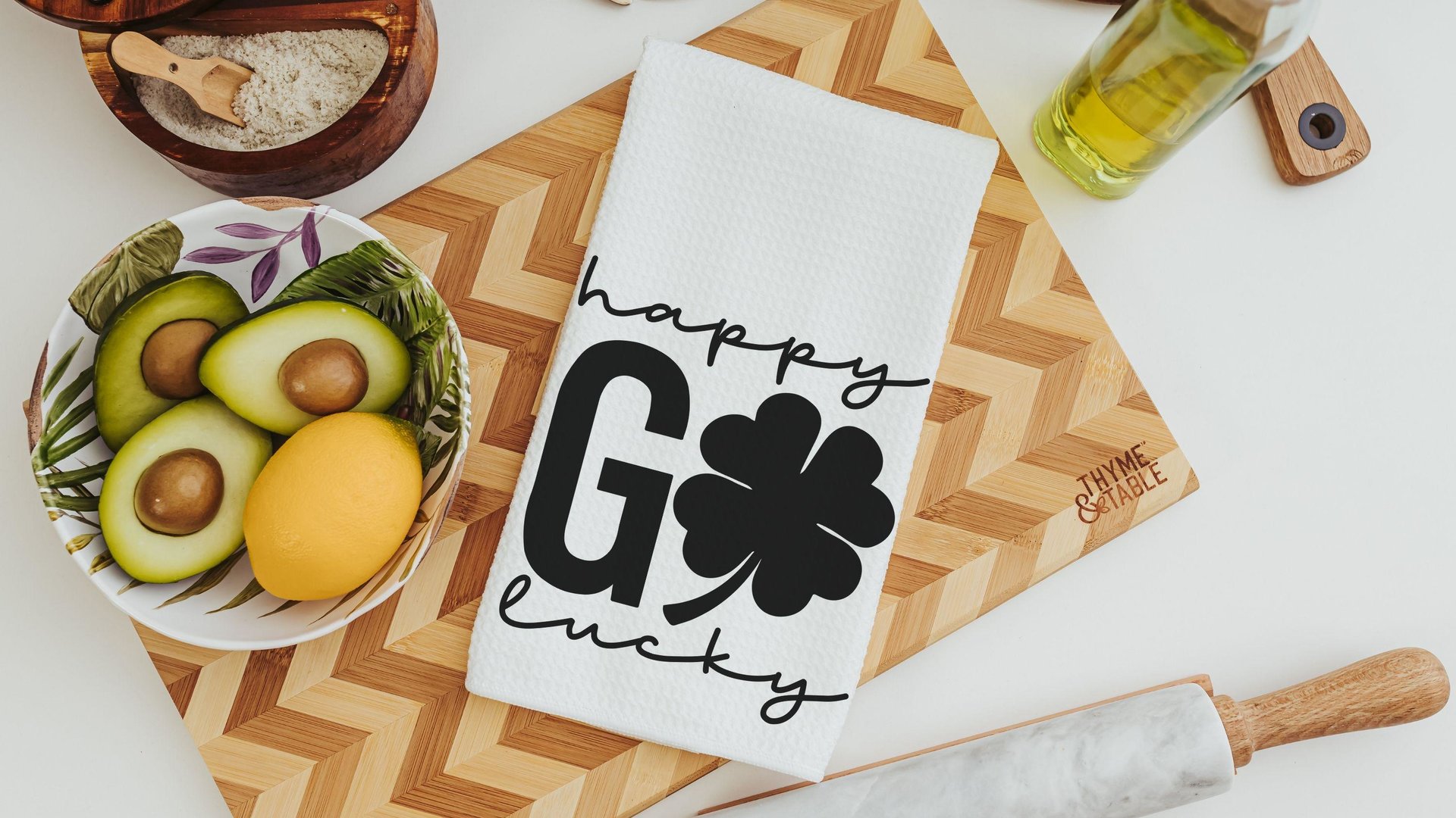 happy go lucky St Patricks day throw pillows for couch, St Patricks day kitchen towels, St Pattys decor, shamrock hand towels for bathroom