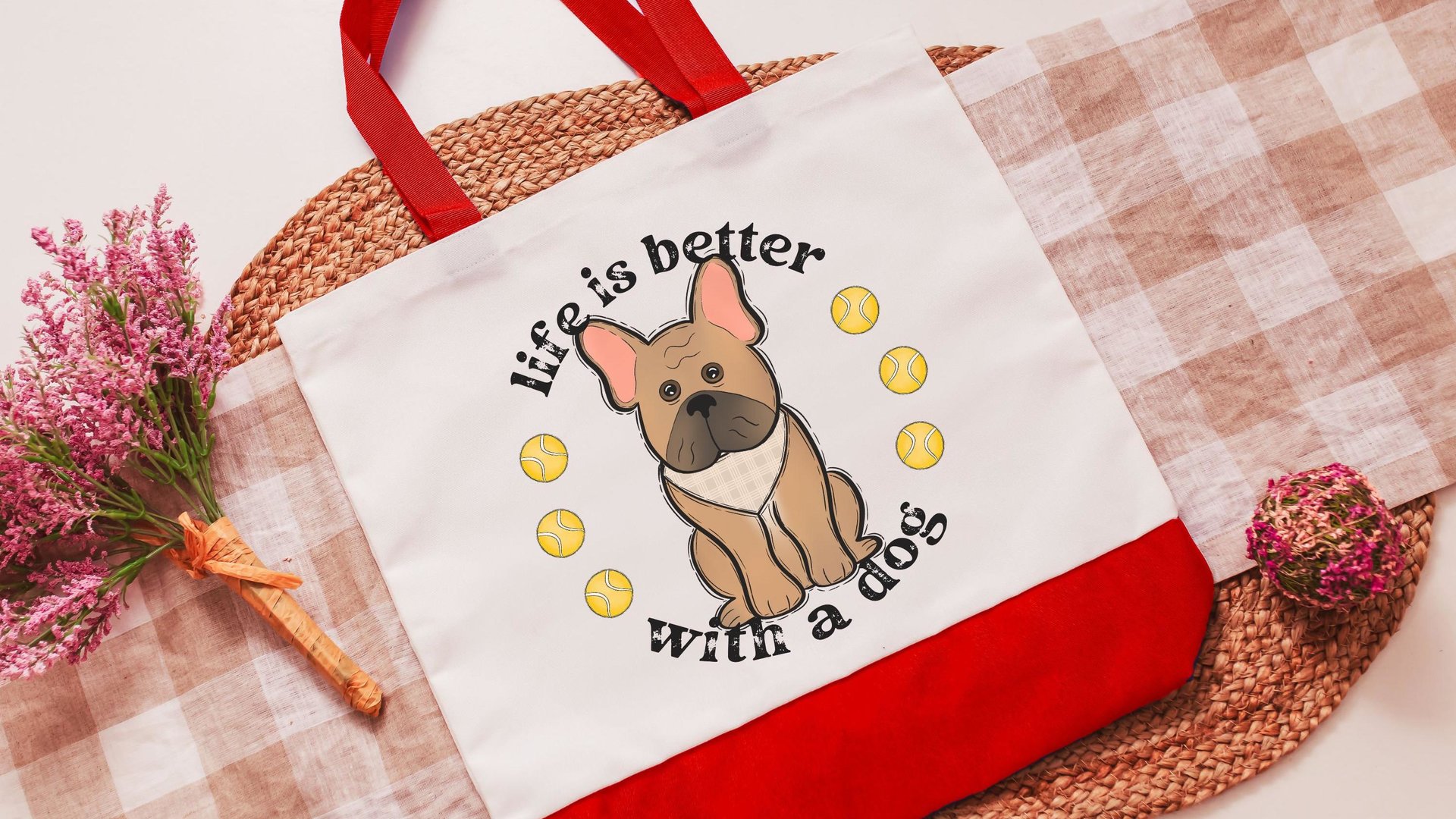 life is better with dogs French bulldog tote bag for women, Frenchie mom gift, French bulldog gifts for her, reusable shopping bag, cute dog