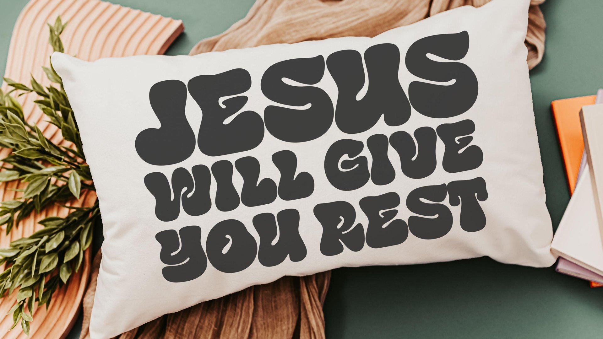 jesus will give you rest Bible verse throw pillow for bed, inspirational Christian gifts for sister, cute Christian encouragement gift for