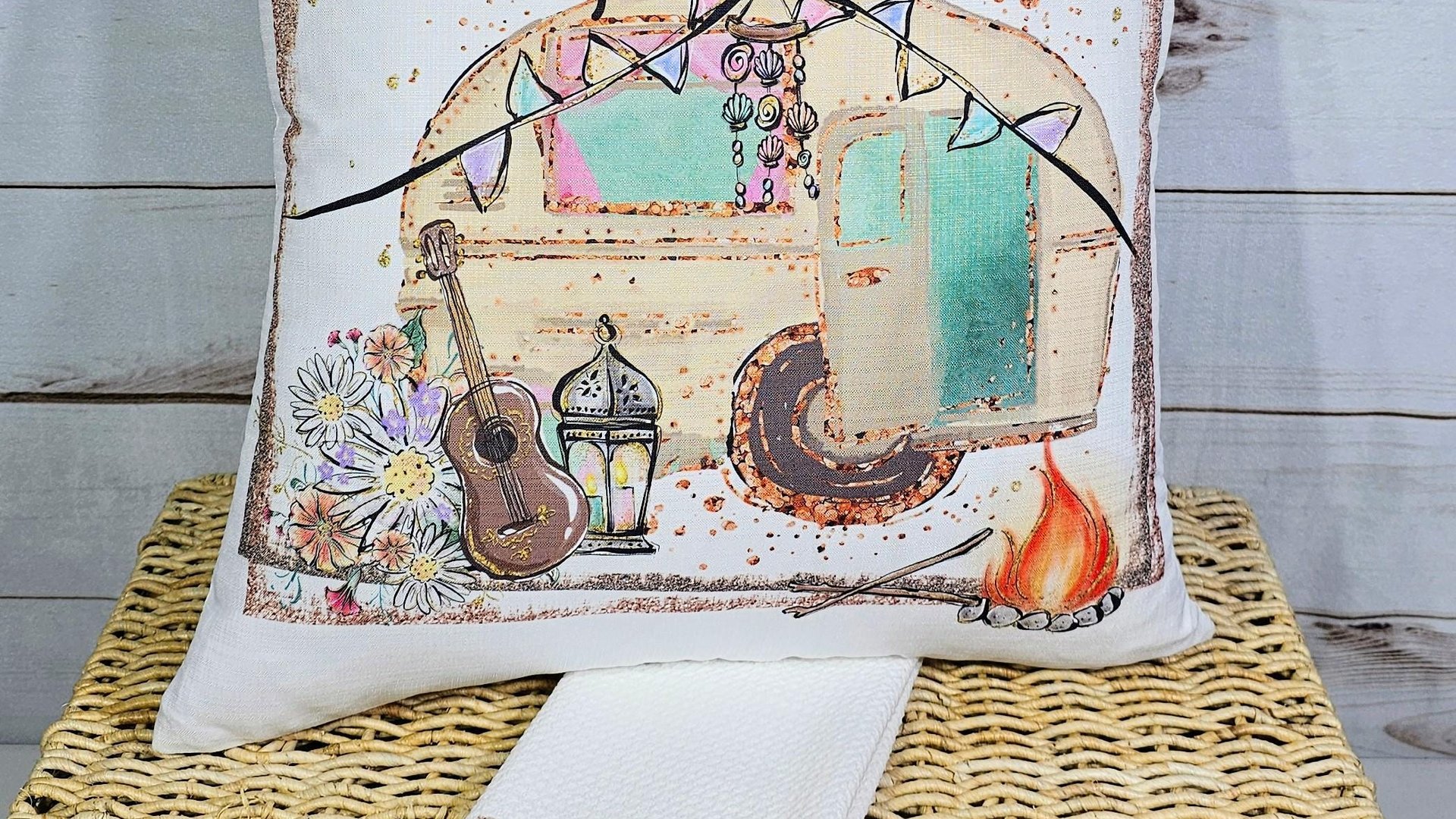 happy camper throw pillow for couch,  boho camper decor, glamping gifts, boho decor for home, RV accessories for inside, van life gift, best