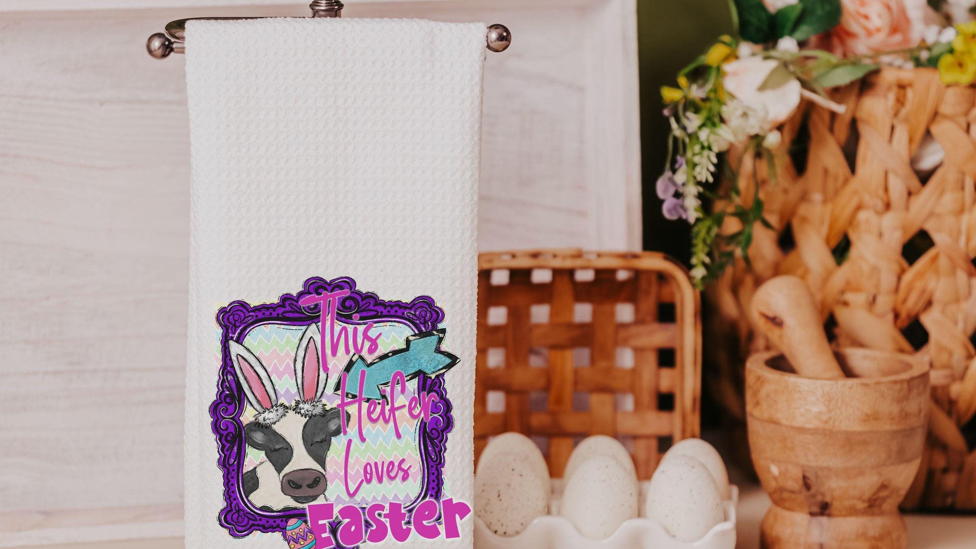this heifer funny Easter kitchen towels for decor, Easter bunny cow hand towels for bathroom, cute cow gifts for cow lovers, Easter gifts
