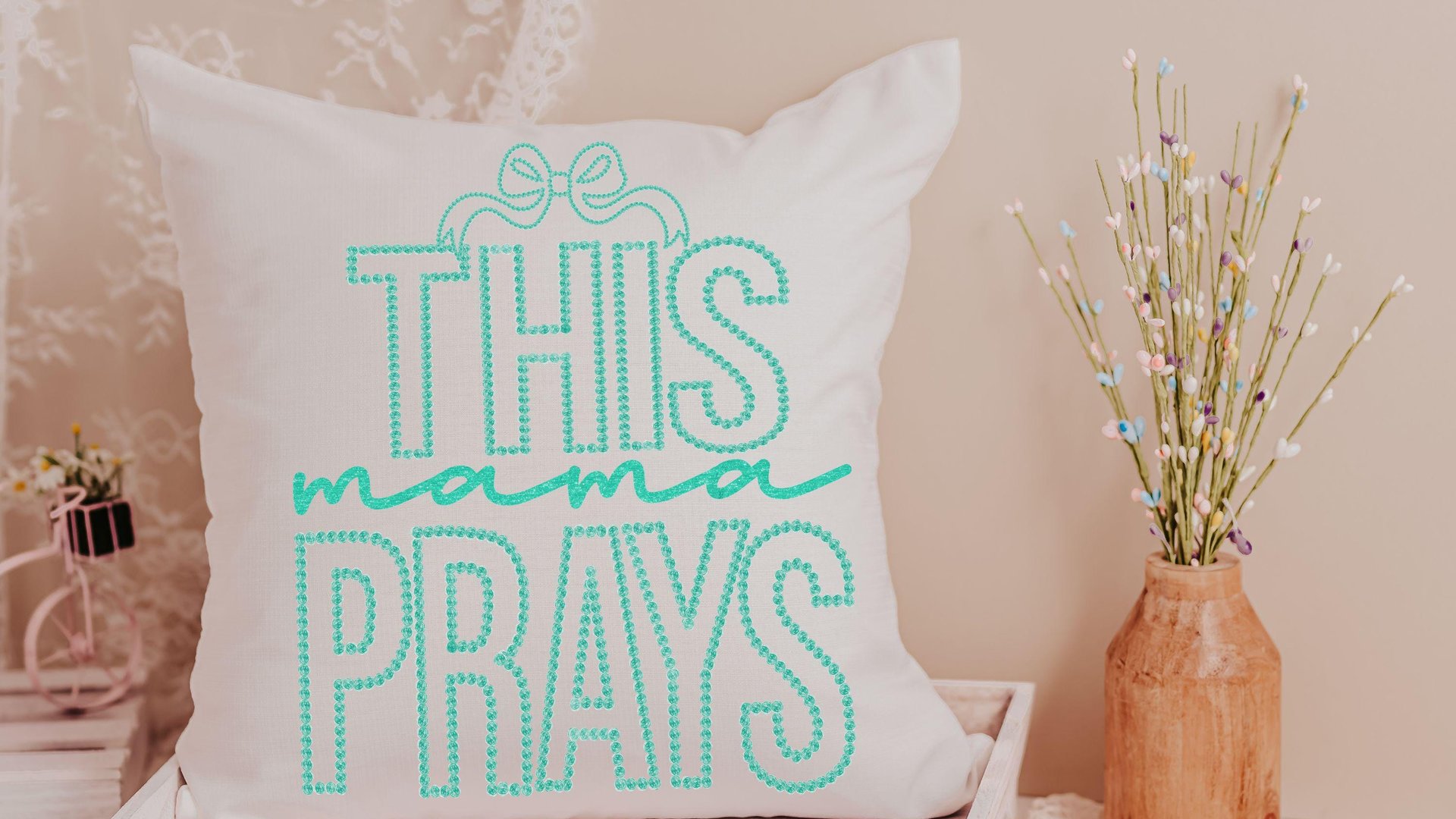 this mama prays throw pillow for bed, cute Christian throw pillows for couch, trendy Mothers day gifts for step mom, unique gift for new mom