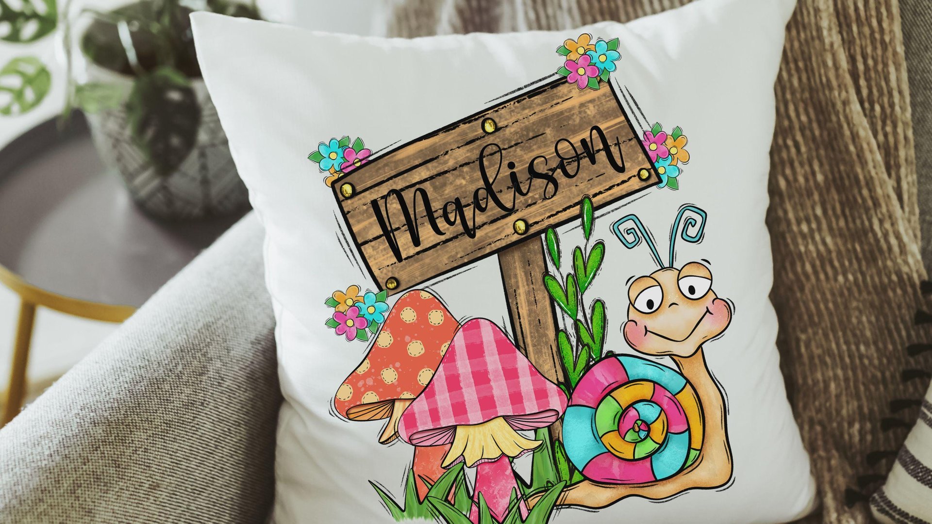 personalized whimsical mushroom nursery throw pillows for reading nook, snail decor kids room decor, Spring decor for home, cute mushroom