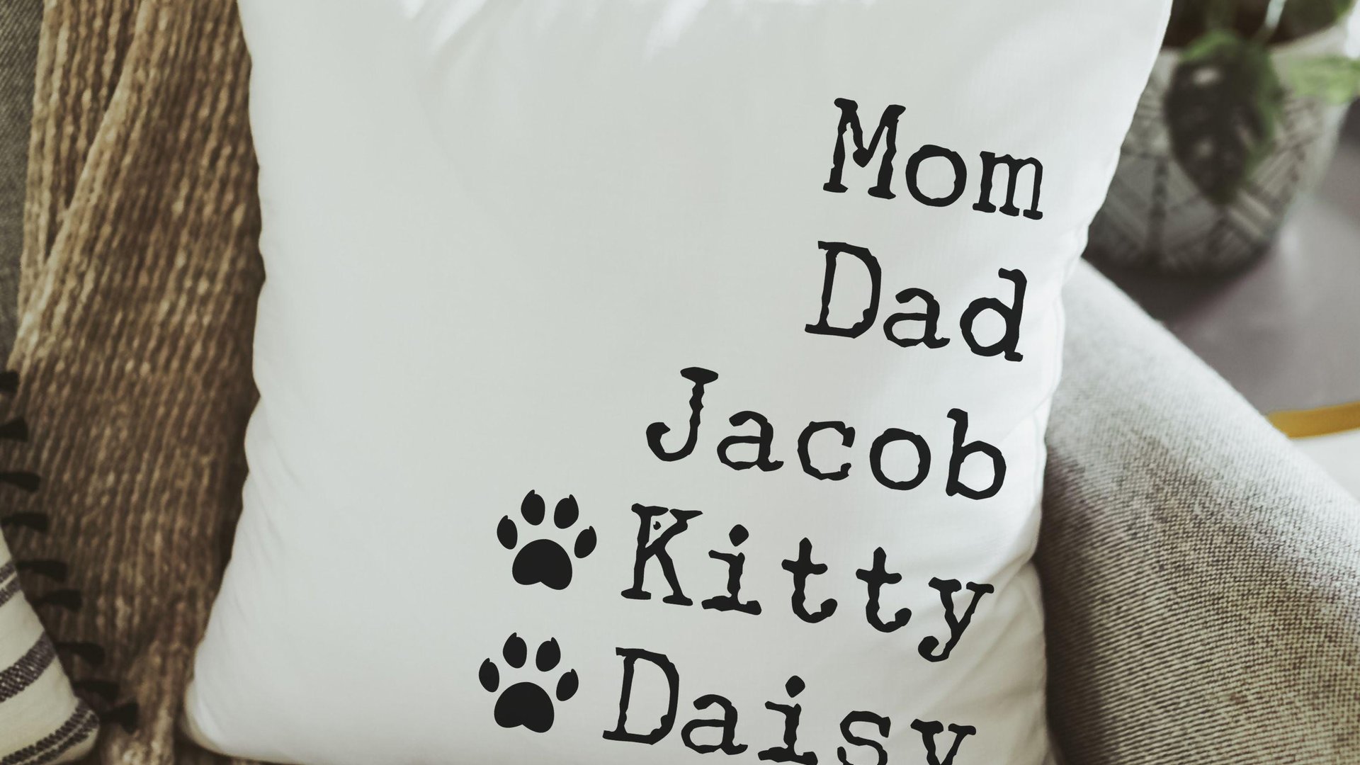 personalized family names throw pillow for couch, pet name pillow, unique wedding gifts for couple, cat parents gift, modern farmhouse decor