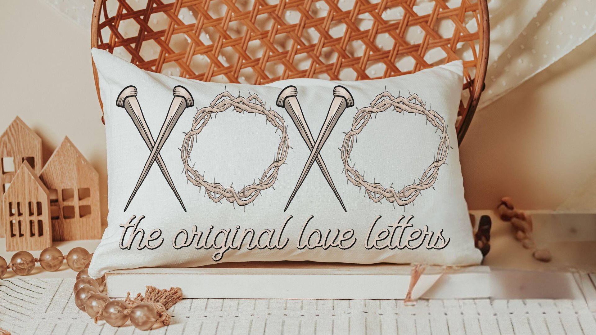 xoxo the original love letters Christian throw pillows for bed, religious lumbar pillow cover 12 x 20, crown of thorns and nails, faith gift