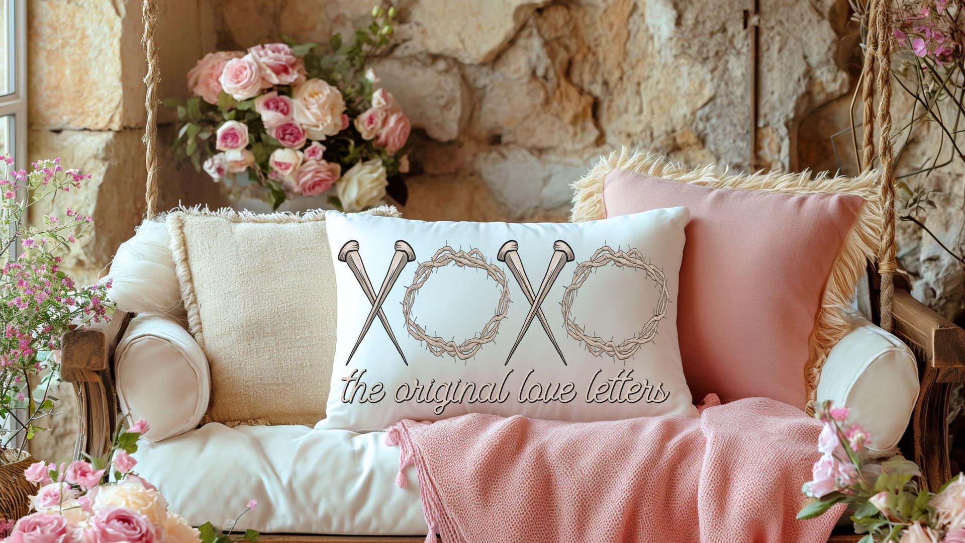 xoxo the original love letters Christian throw pillows for bed, religious lumbar pillow cover 12 x 20, crown of thorns and nails, faith gift