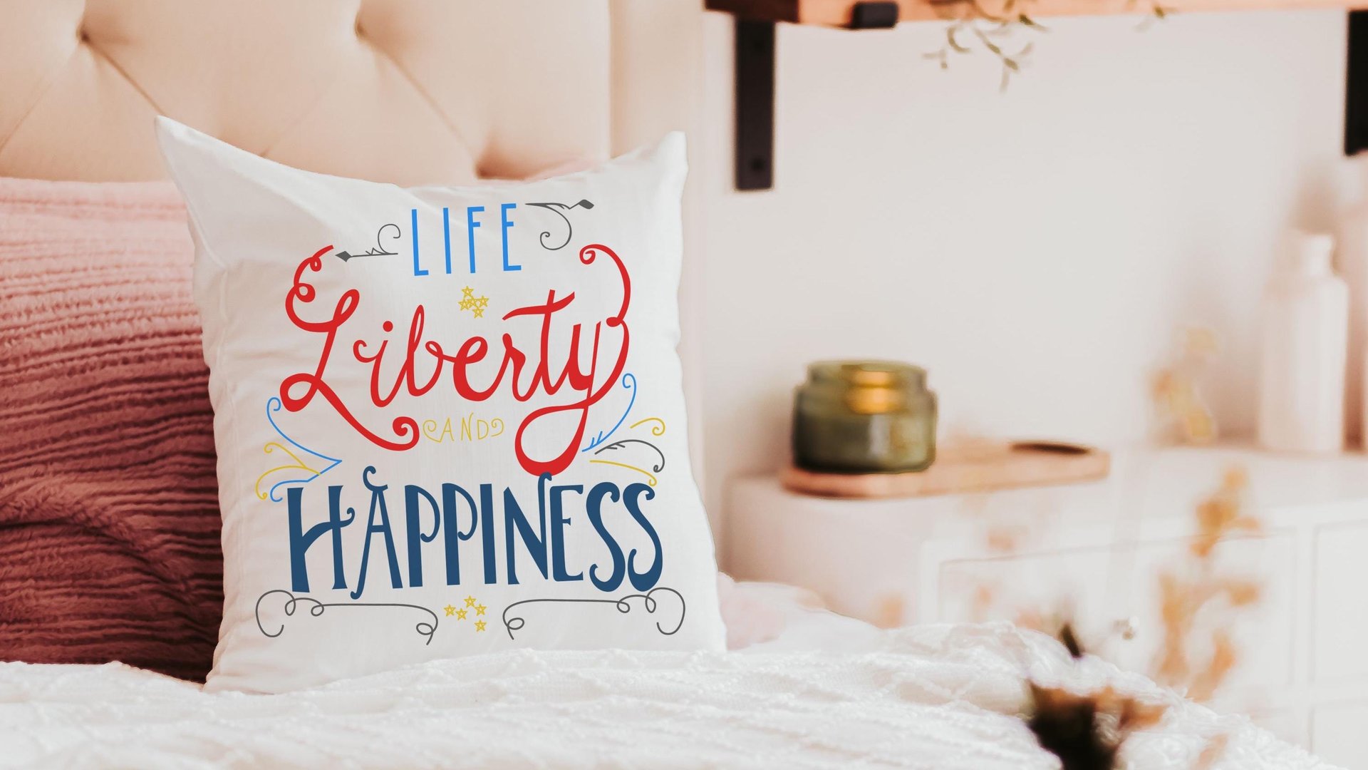 life liberty happiness throw pillow for sofa, patriotic decor for home, 4th of July kitchen towels, military mom gift, summer throw pillows