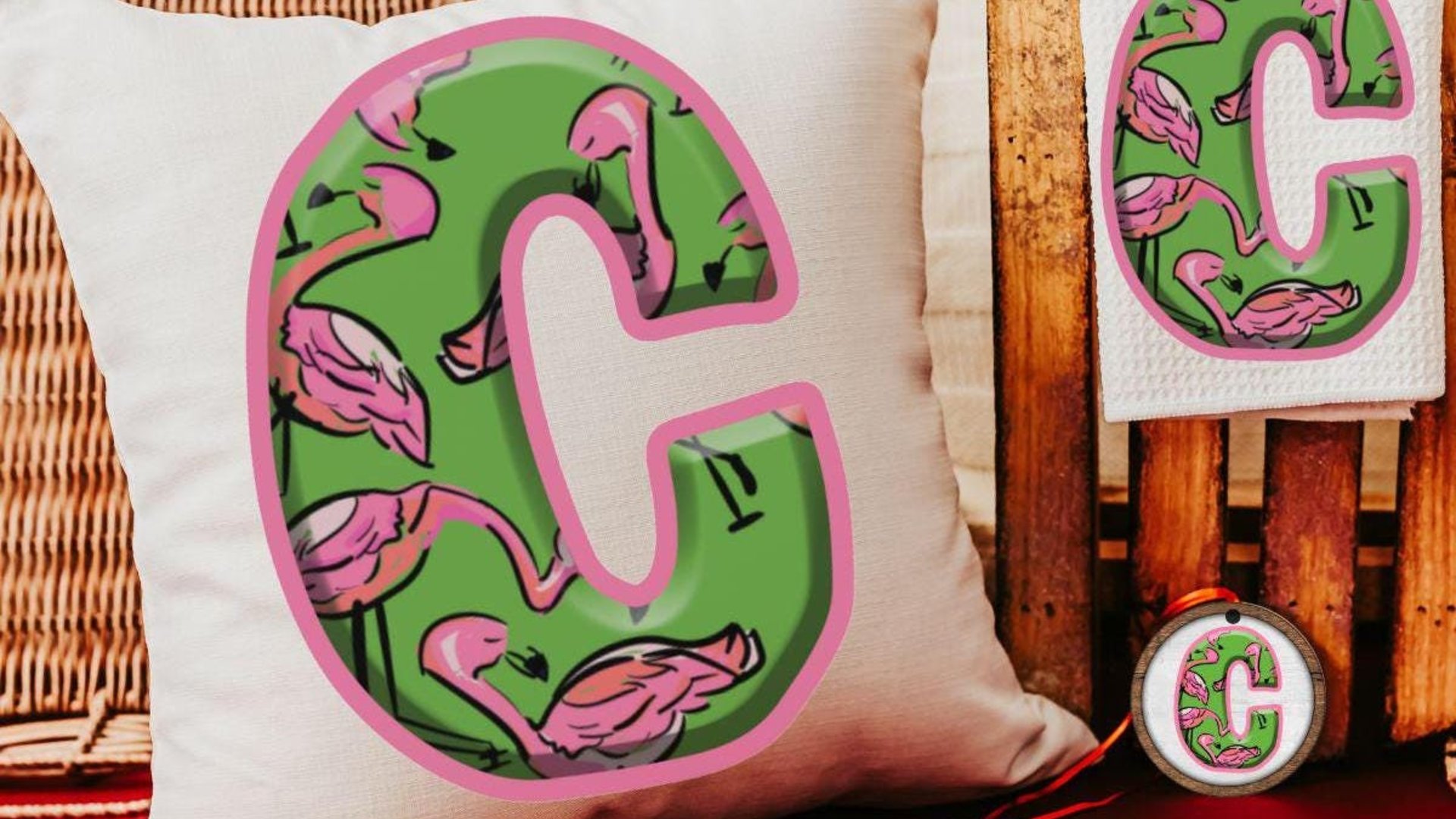 custom flamingo throw pillow for bed, personalized beach house gift set for women, tropical kitchen towels, flamingo gifts for her, initial