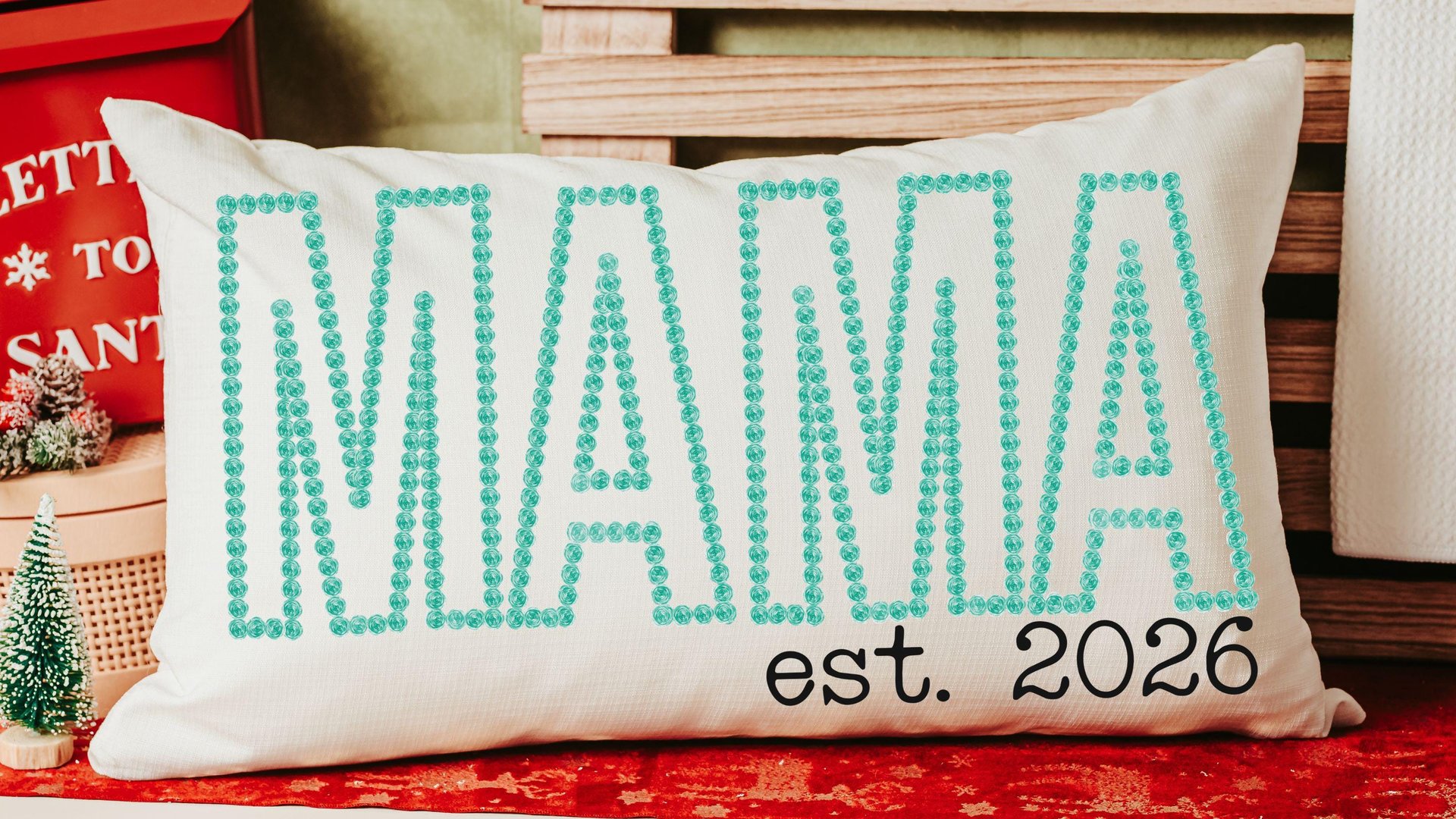 mama established lumbar decorative bed pillow, mama est 2026 gifts, mom to be 30th birthday gift for her, mint green mom throw pillow for