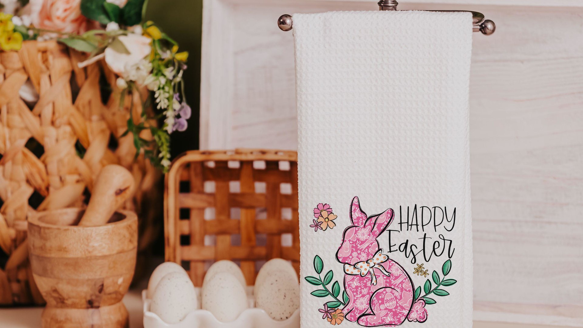 blue chinoiserie Easter bunny kitchen towel for Mom, pink toile de jouy Happy Easter hand towels for bathroom, grand millennial Easter tea