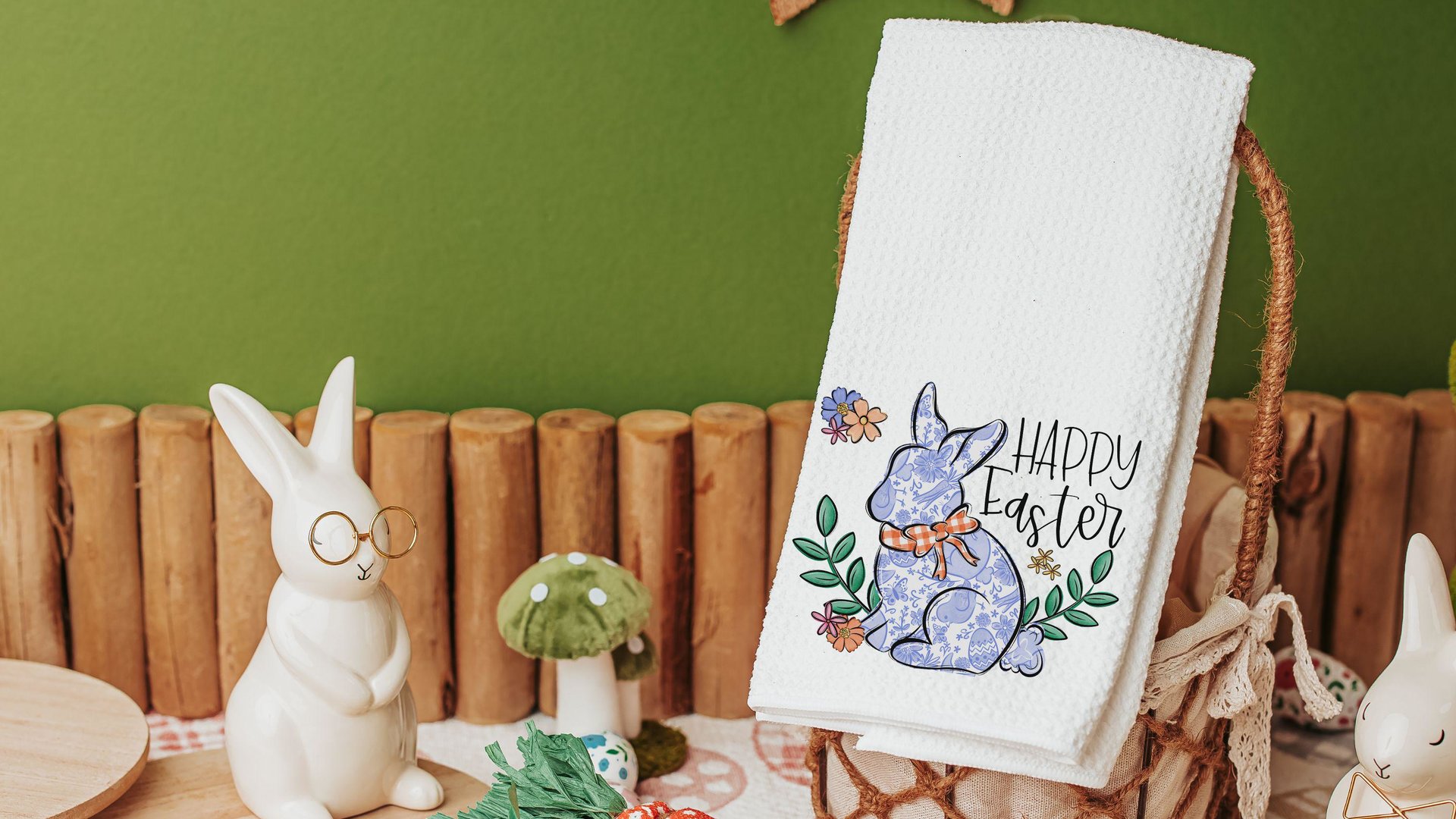 blue chinoiserie Easter bunny kitchen towel for Mom, pink toile de jouy Happy Easter hand towels for bathroom, grand millennial Easter tea