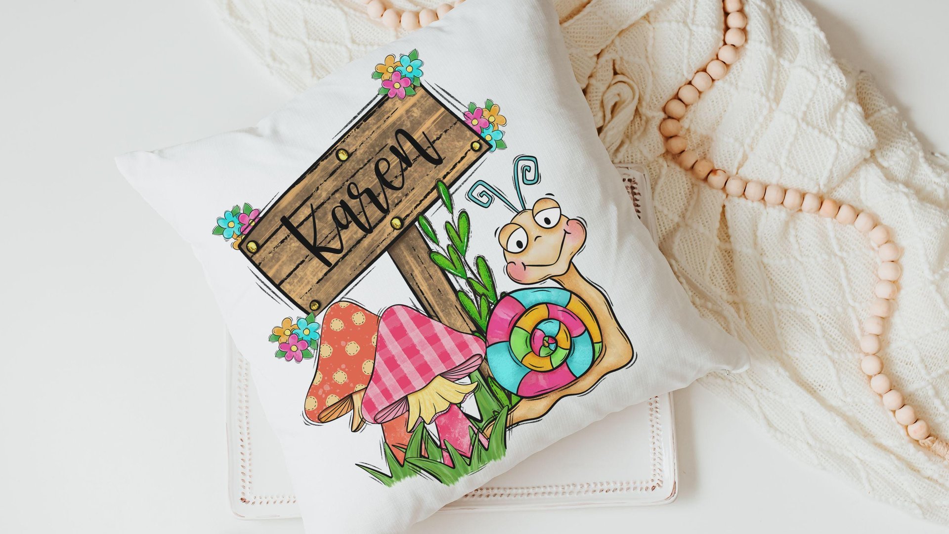 personalized whimsical mushroom nursery throw pillows for reading nook, snail decor kids room decor, Spring decor for home, cute mushroom