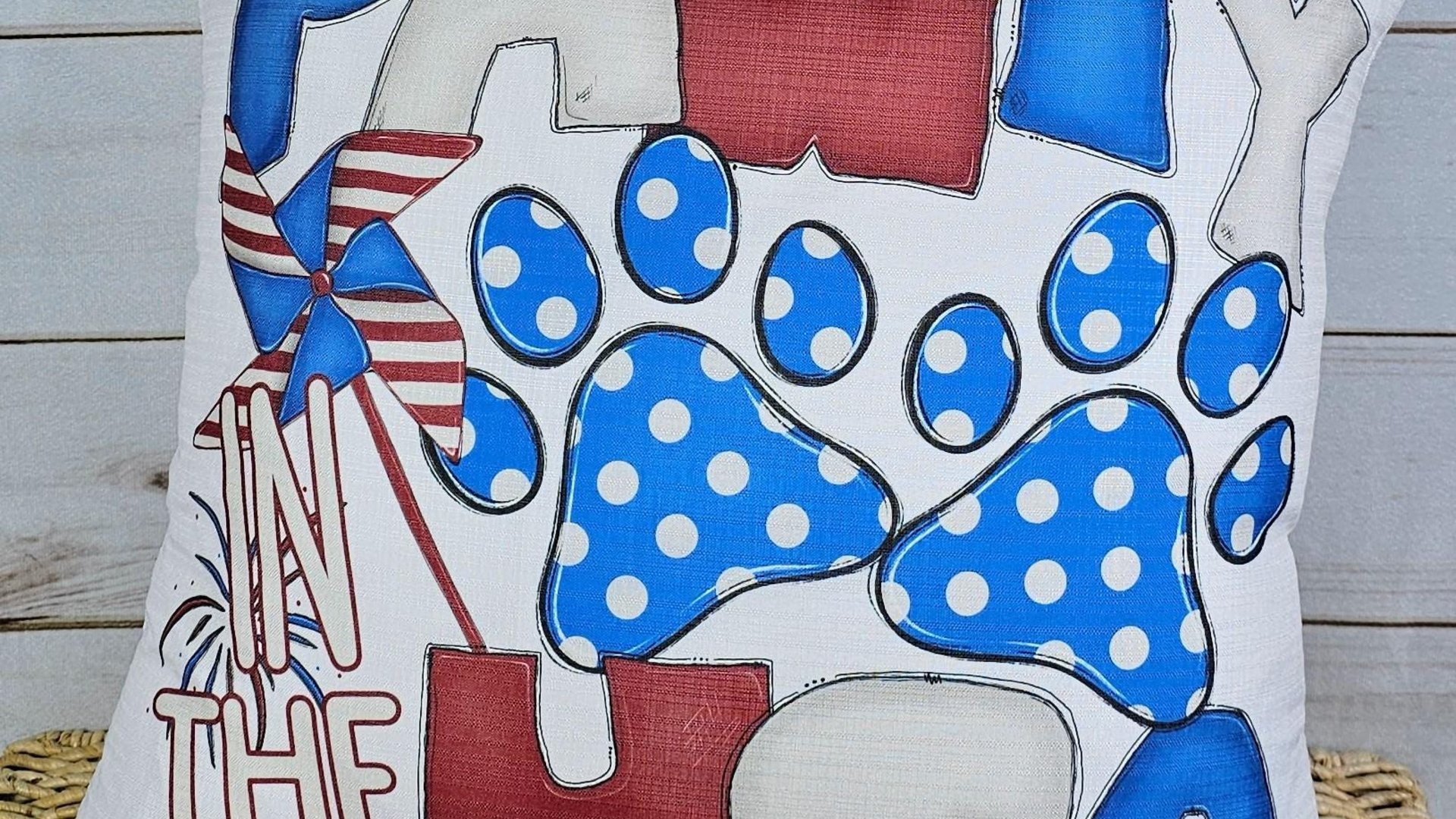 paw print party in the USA throw pillows for couch, dog mom gift, red white and blue 4th of July decor front porch pillows, patriotic gifts