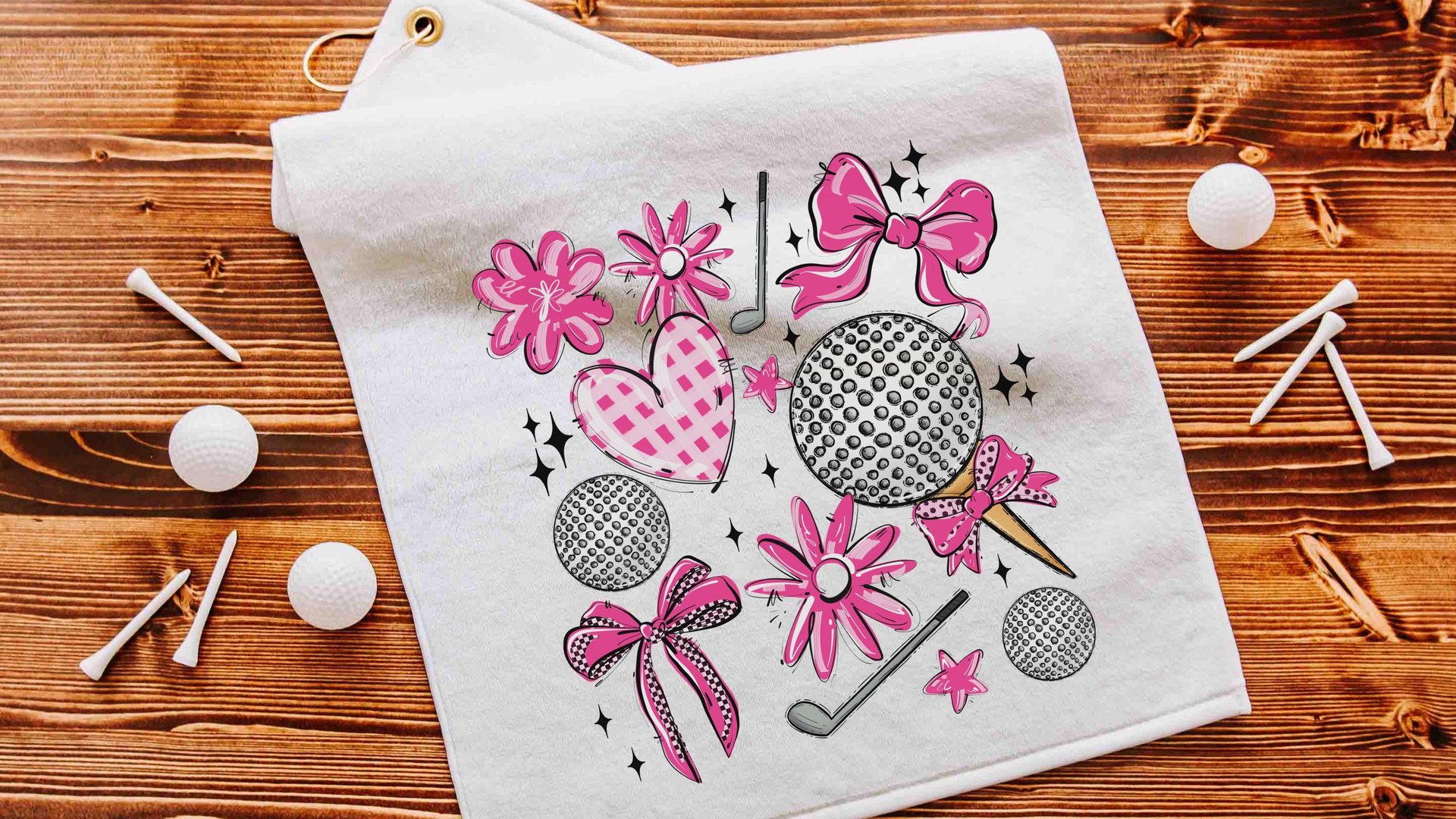 hot pink coquette golf towels with grommet, cute golf gifts for her, girly golf bag accessories ladies golf ball towel, golfer mom gift