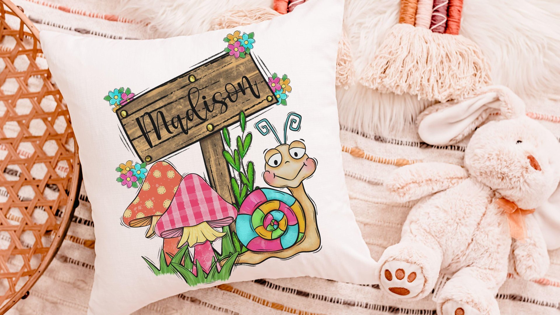 personalized whimsical mushroom nursery throw pillows for reading nook, snail decor kids room decor, Spring decor for home, cute mushroom