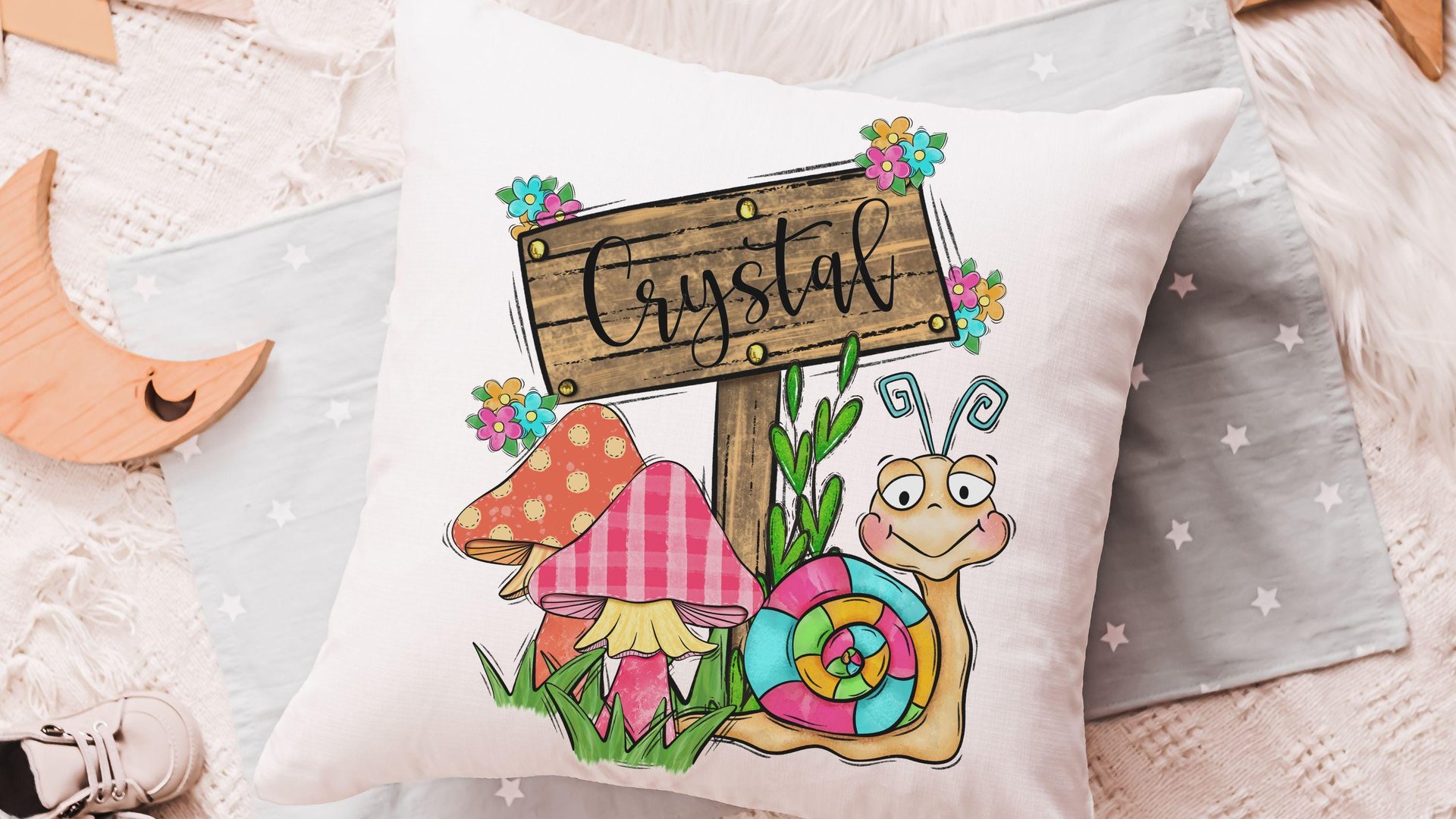 personalized whimsical mushroom nursery throw pillows for reading nook, snail decor kids room decor, Spring decor for home, cute mushroom