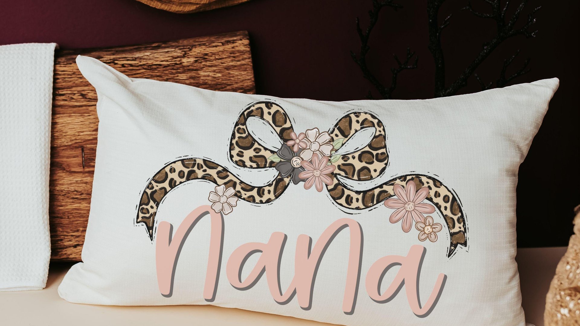 personalized blush pink grandma throw pillow for bed, leopard print bow coquette pillow cover 12 by 20, mother in law mothers day gifts