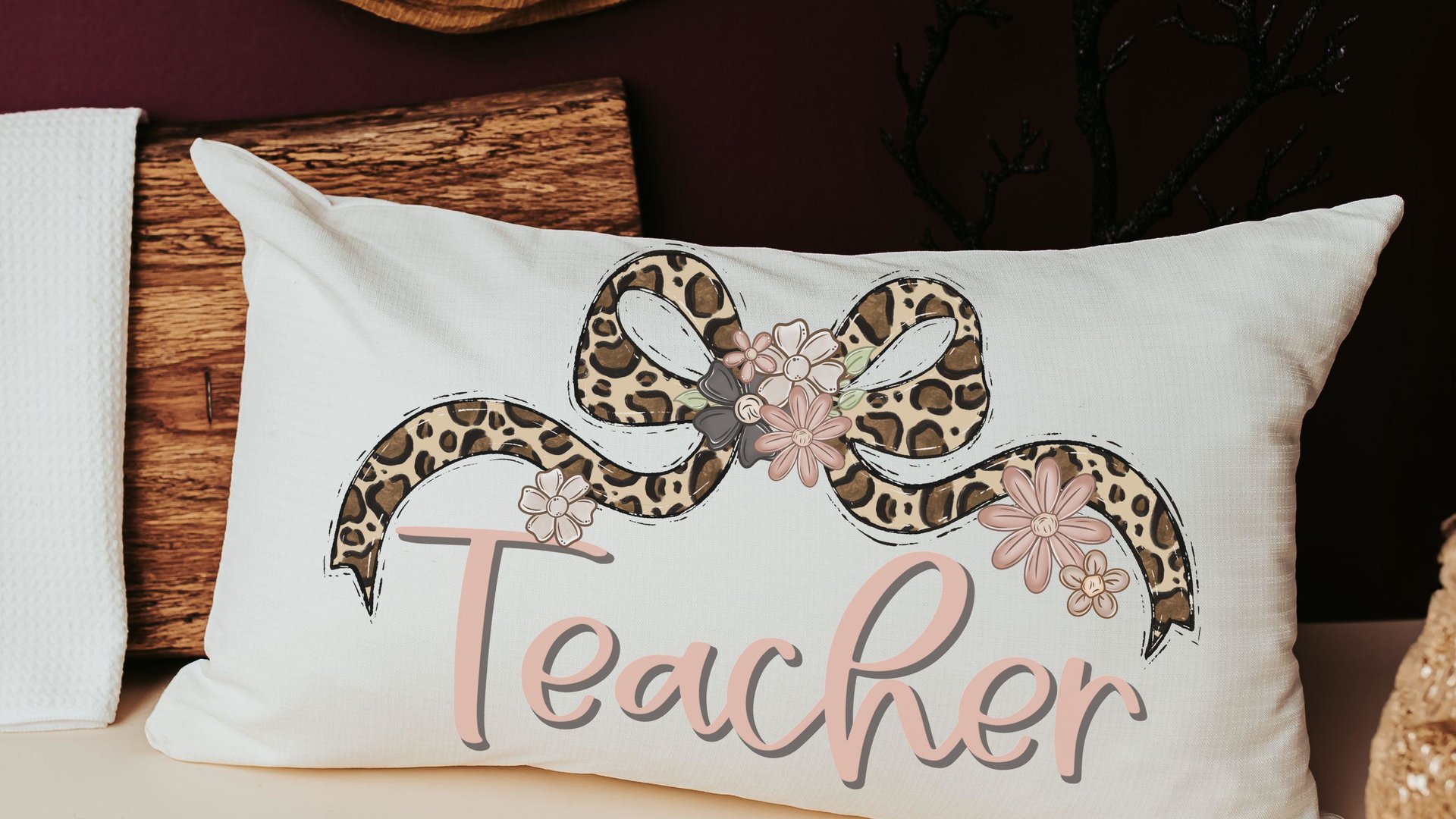 personalized blush pink teacher pillow for bed, leopard print bow throw pillow cover 12 by 20, coquette classroom decor teacher appreciation