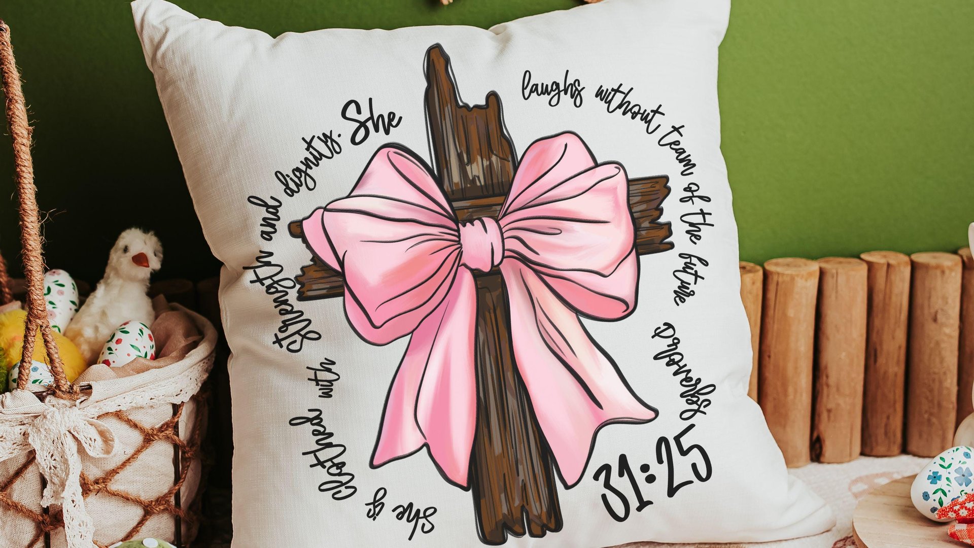 she is clothed in strength Bible verse throw pillows for couch, Christian coquette kitchen towels, Proverbs 31 bridal shower gifts for bride
