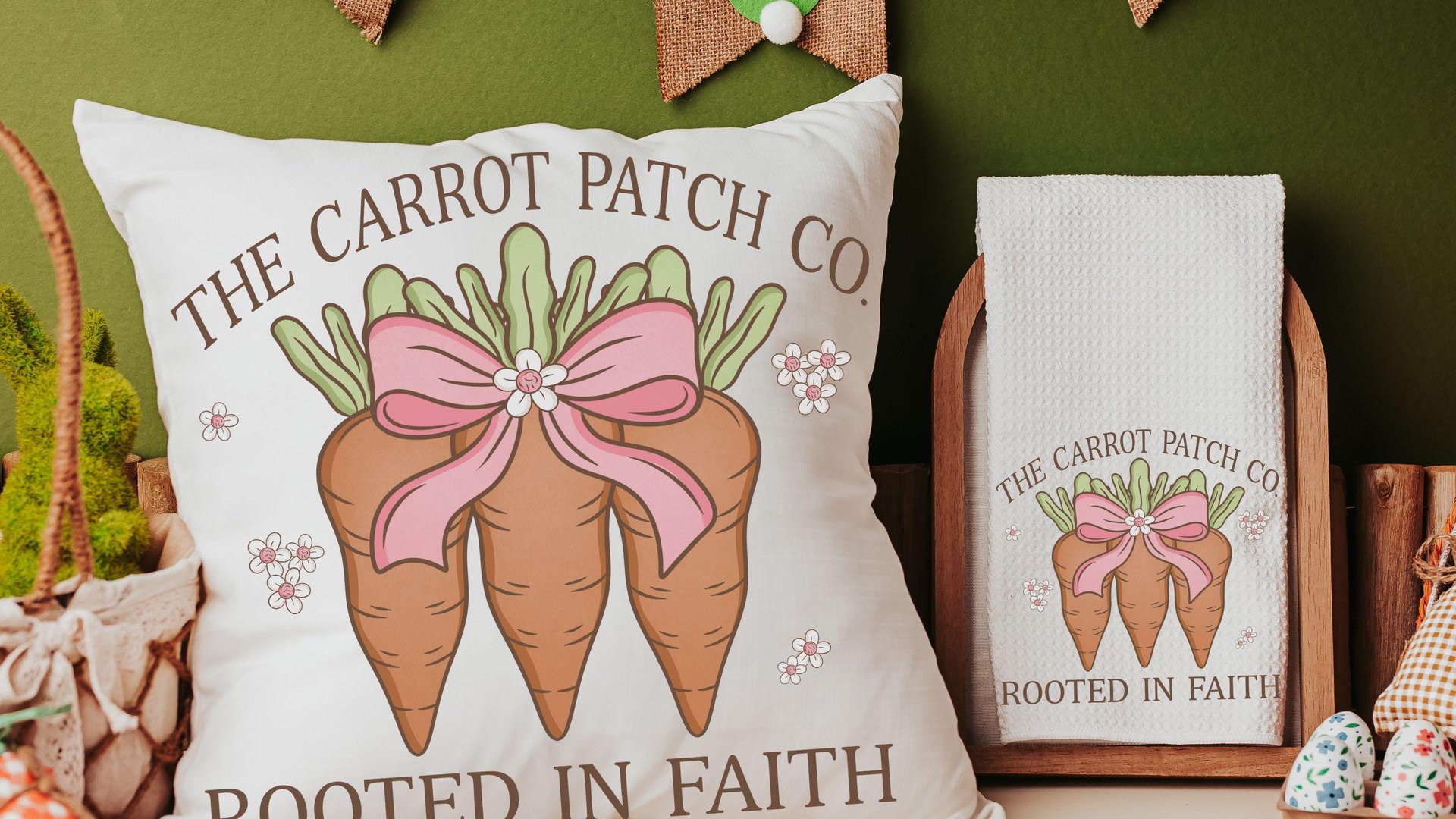 rooted in faith Christian kitchen towels for gifts, carrot patch gardener gifts for women, cute Spring decorative hand towels for guest bath