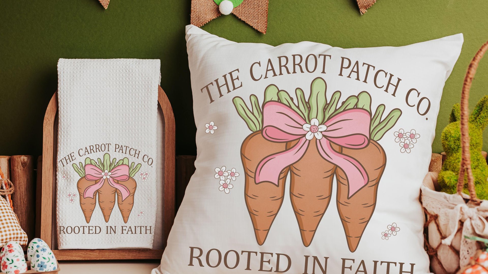 rooted in faith Christian kitchen towels for gifts, carrot patch gardener gifts for women, cute Spring decorative hand towels for guest bath